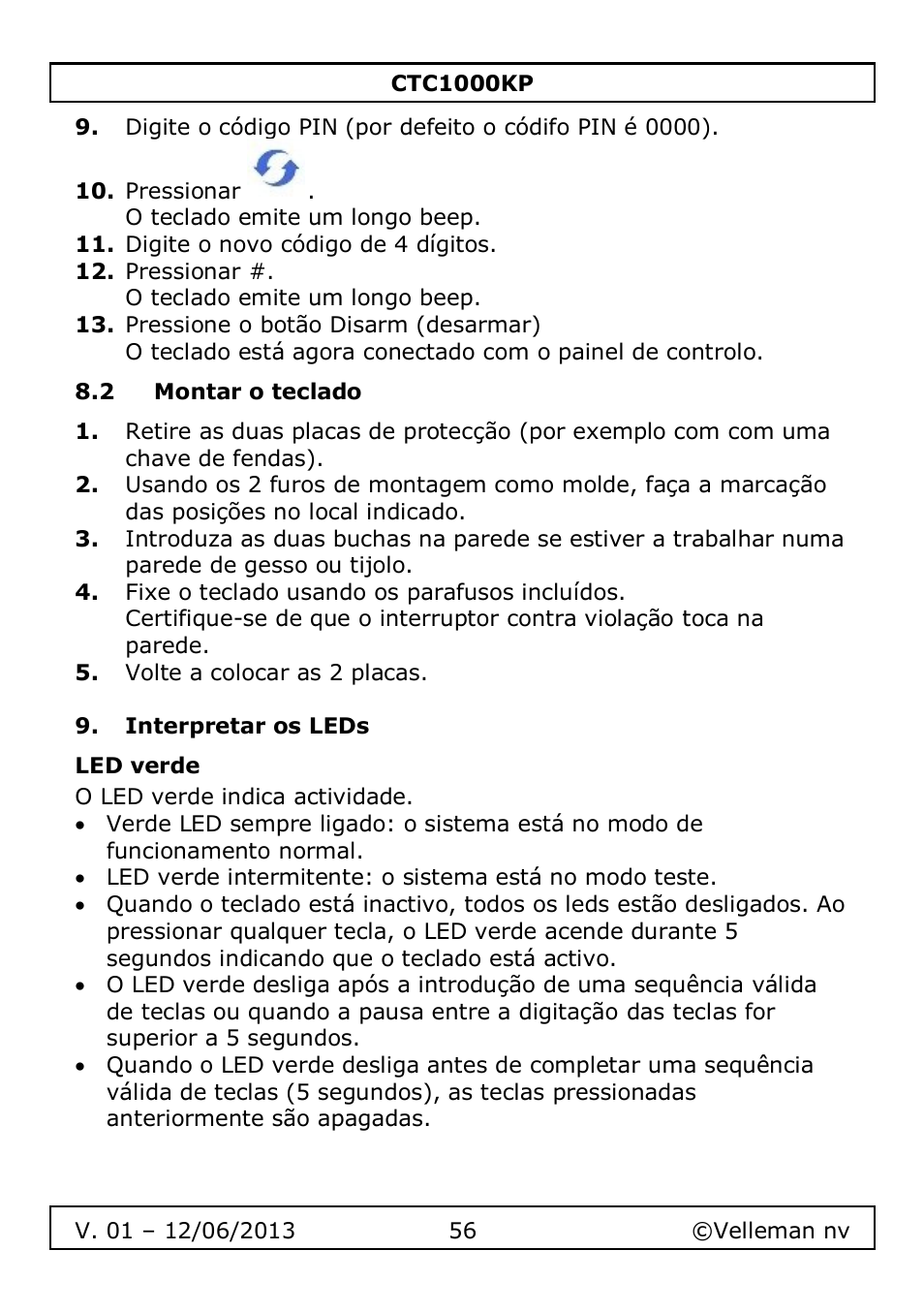 2 montar o teclado, Interpretar os leds, Led verde | Velleman CTC1000KP User Manual | Page 56 / 69
