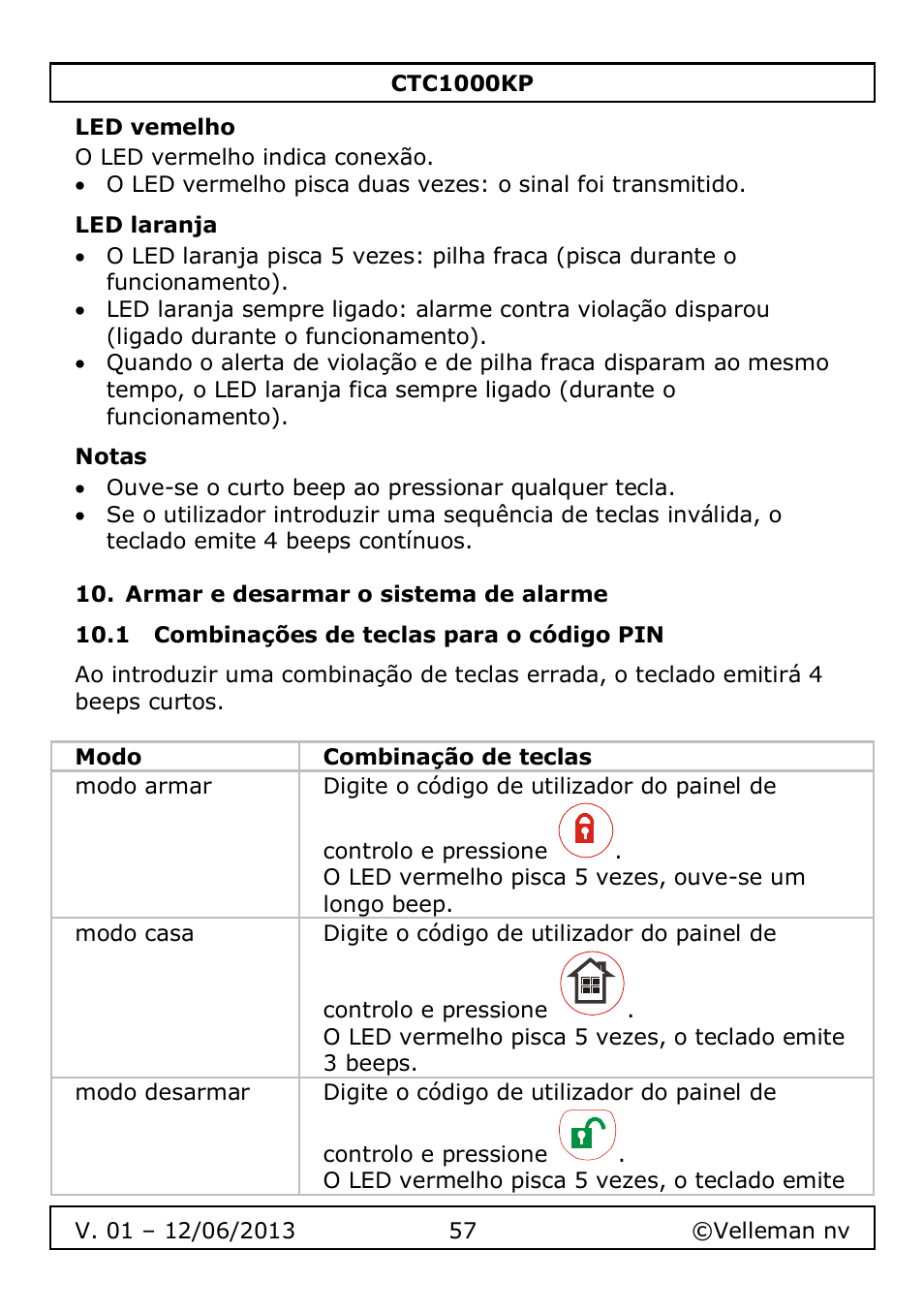 Led vemelho, Led laranja, Notas | Armar e desarmar o sistema de alarme, 1 combinações de teclas para o código pin | Velleman CTC1000KP User Manual | Page 57 / 69