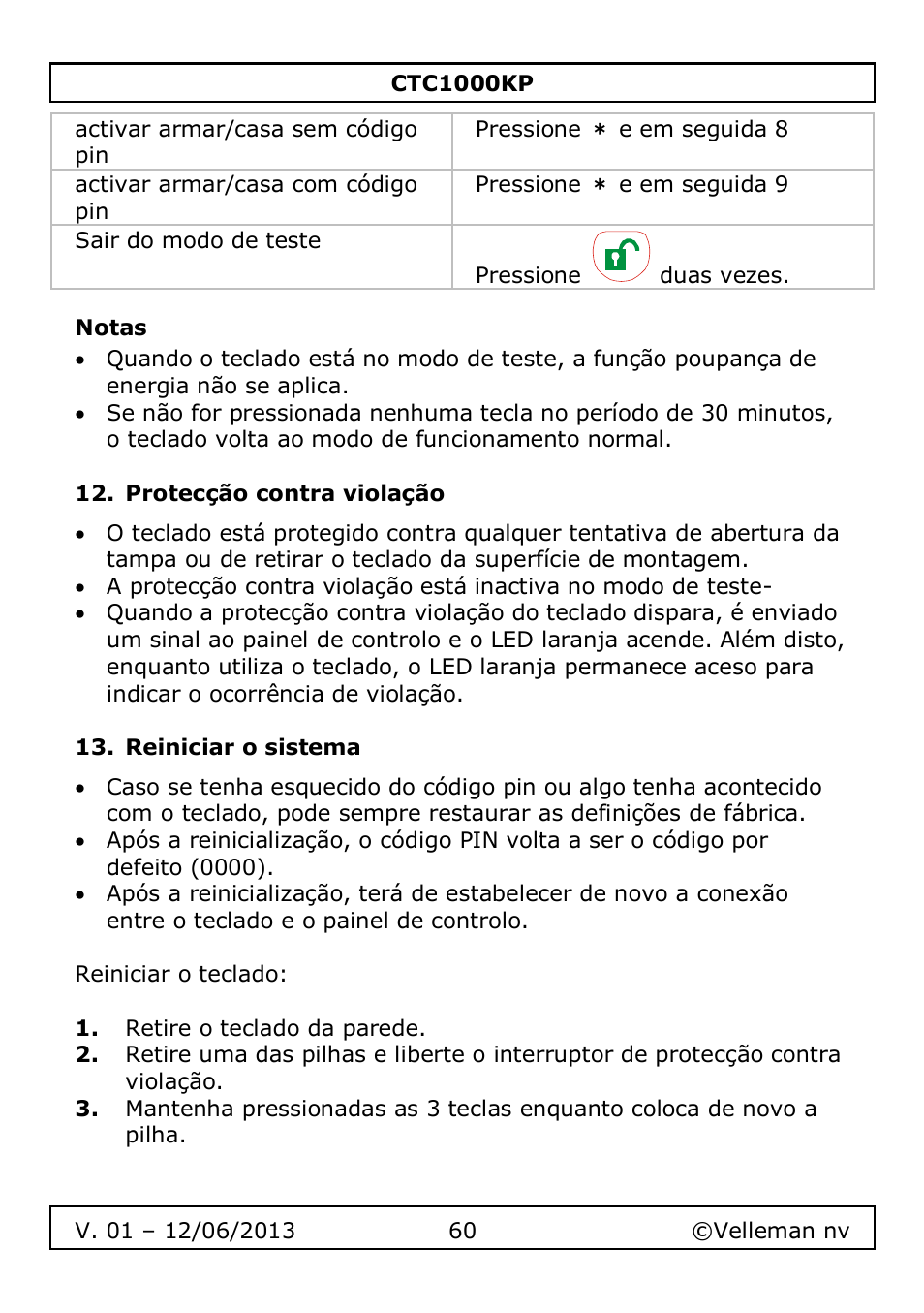 Notas, Protecção contra violação, Reiniciar o sistema | Velleman CTC1000KP User Manual | Page 60 / 69