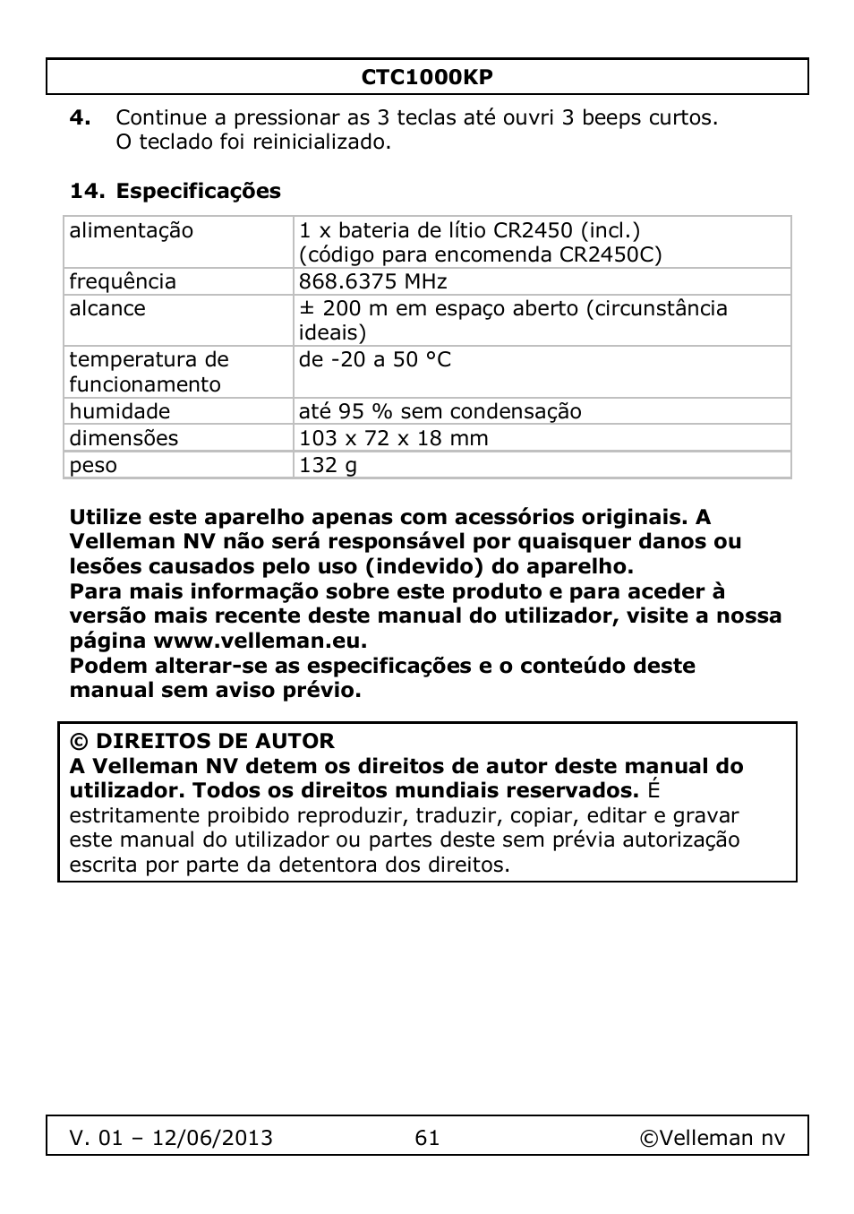 Especificações | Velleman CTC1000KP User Manual | Page 61 / 69
