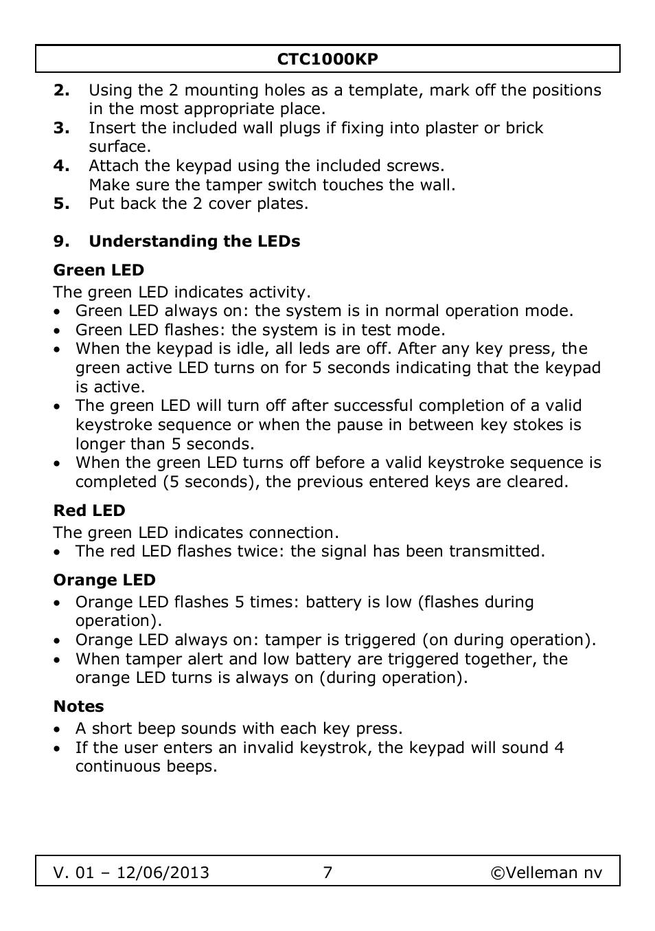 Understanding the leds, Green led, Red led | Orange led, Notes | Velleman CTC1000KP User Manual | Page 7 / 69