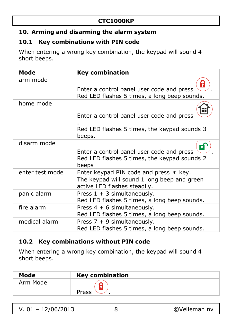 Arming and disarming the alarm system, 1 key combinations with pin code, 2 key combinations without pin code | Velleman CTC1000KP User Manual | Page 8 / 69