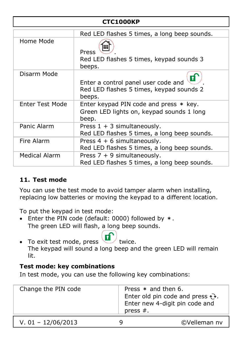 Test mode, Test mode: key combinations | Velleman CTC1000KP User Manual | Page 9 / 69