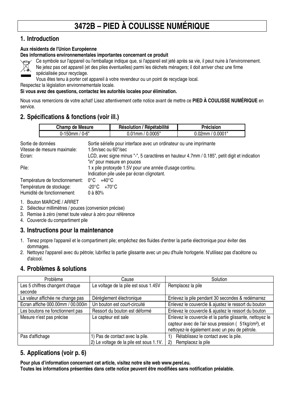 3472b – pied à coulisse numérique, Introduction, Spécifications & fonctions (voir ill.) | Instructions pour la maintenance, Problèmes & solutions, Applications (voir p. 6) | Velleman 3472B User Manual | Page 4 / 8