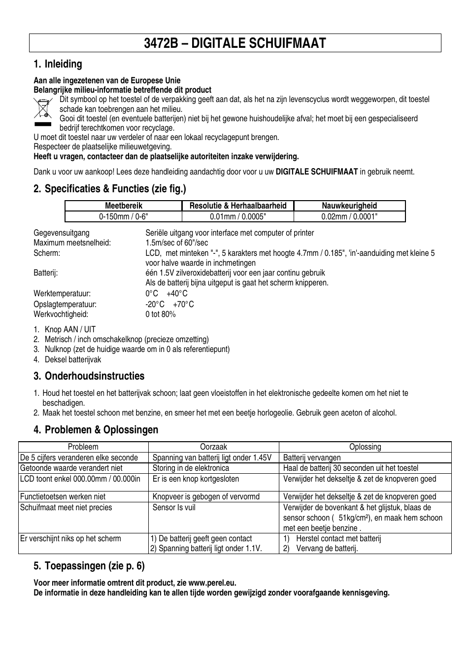 3472b – digitale schuifmaat, Inleiding, Specificaties & functies (zie fig.) | Onderhoudsinstructies, Problemen & oplossingen, Toepassingen (zie p. 6) | Velleman 3472B User Manual | Page 5 / 8