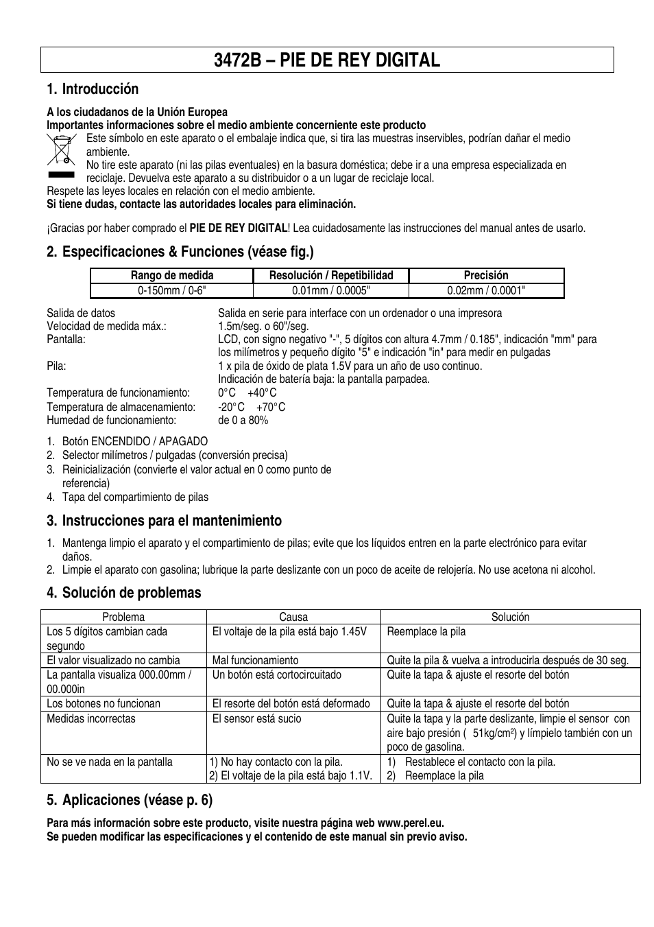 3472b – pie de rey digital, Introducción, Especificaciones & funciones (véase fig.) | Instrucciones para el mantenimiento, Solución de problemas, Aplicaciones (véase p. 6) | Velleman 3472B User Manual | Page 6 / 8