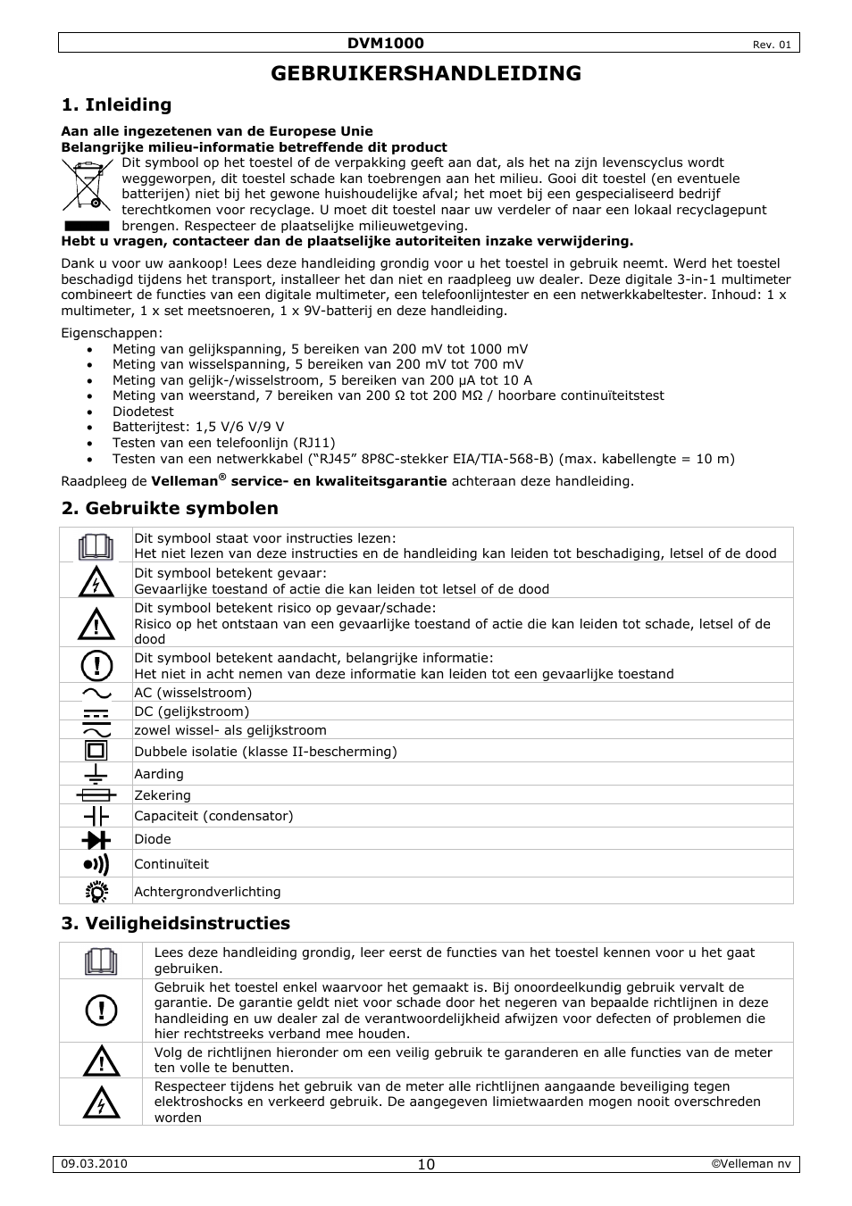 Bruike, Ershan, Ndleidi | Inleidin, Gebruik, Veilighe, Kte symb, Eidsinstr, Bolen, Ructies | Velleman DVM1000 User Manual | Page 10 / 41
