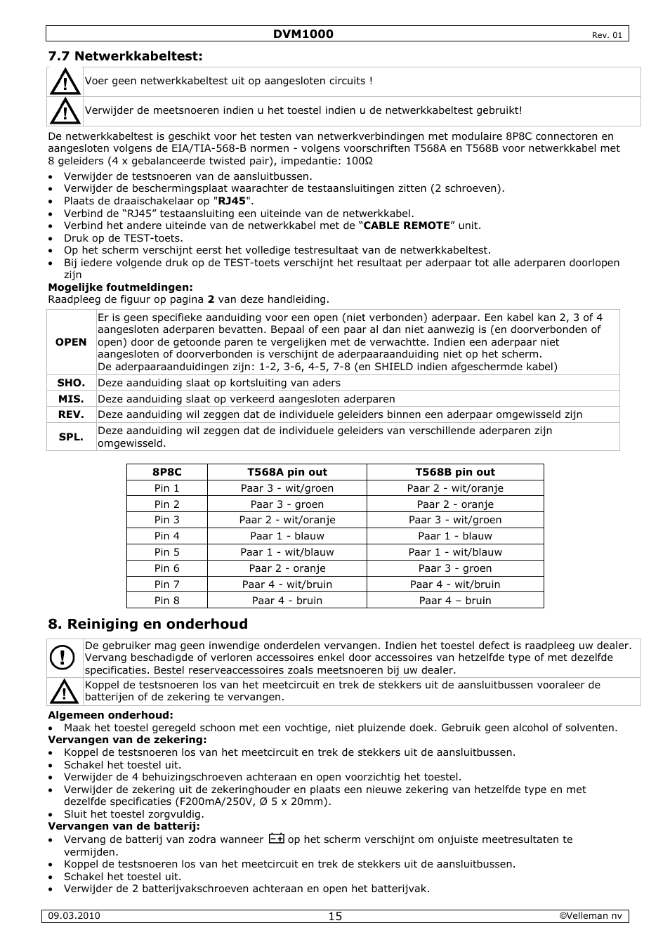 Reinigin, Ng en on, Nderhoud | Velleman DVM1000 User Manual | Page 15 / 41