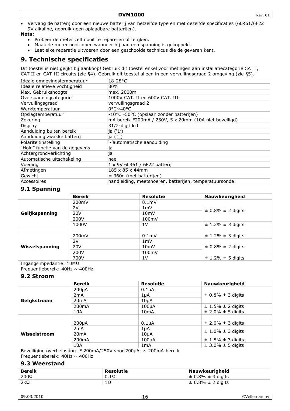 Technis, Sche spe, Ecificatie | Velleman DVM1000 User Manual | Page 16 / 41