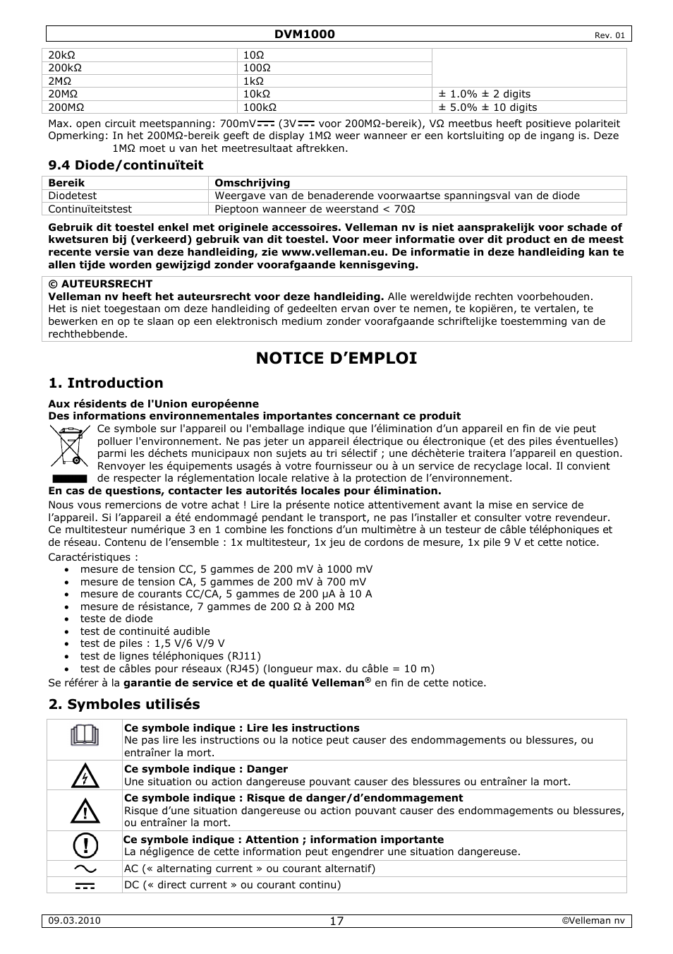 Notic, Ce d’em, Mploi | Introdu, Symbol, Uction, Les utilis | Velleman DVM1000 User Manual | Page 17 / 41