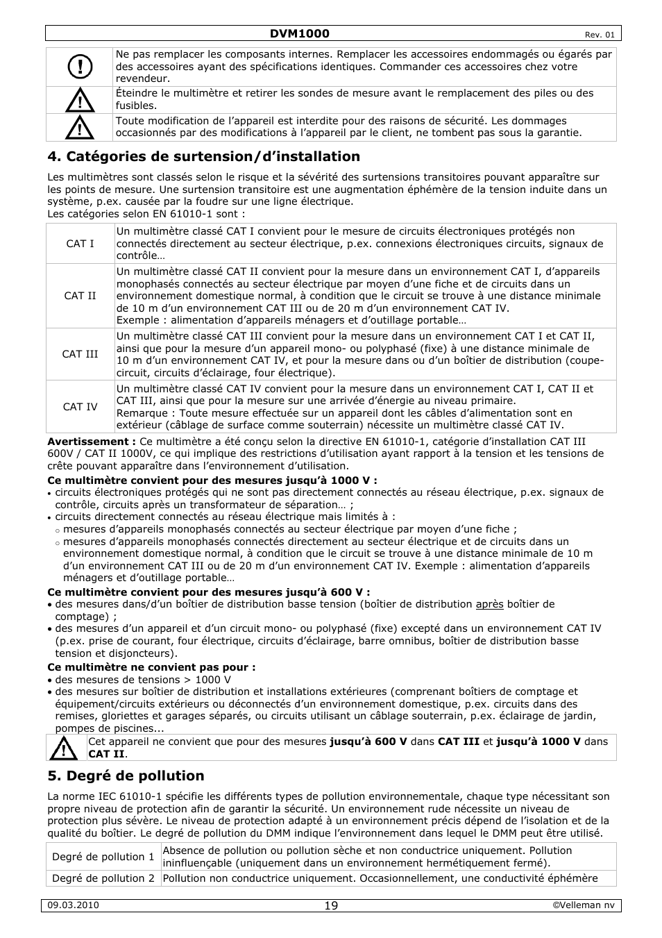 Catégor, Degré d, Ries de s | De pollut, Surtensio, Tion, On/d’inst, Tallation | Velleman DVM1000 User Manual | Page 19 / 41