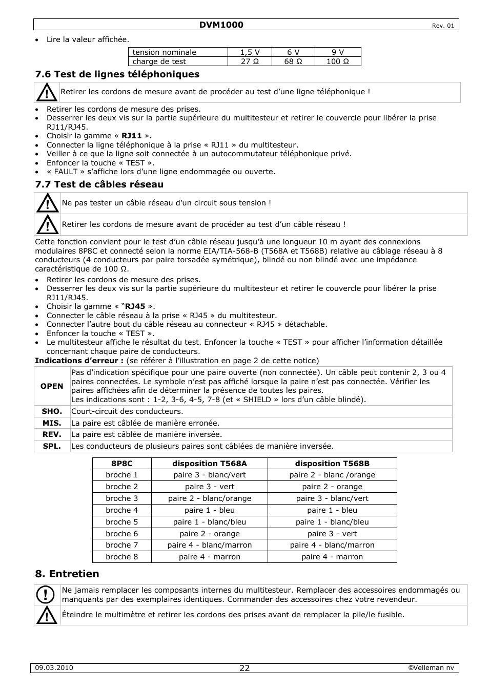 Entretie | Velleman DVM1000 User Manual | Page 22 / 41