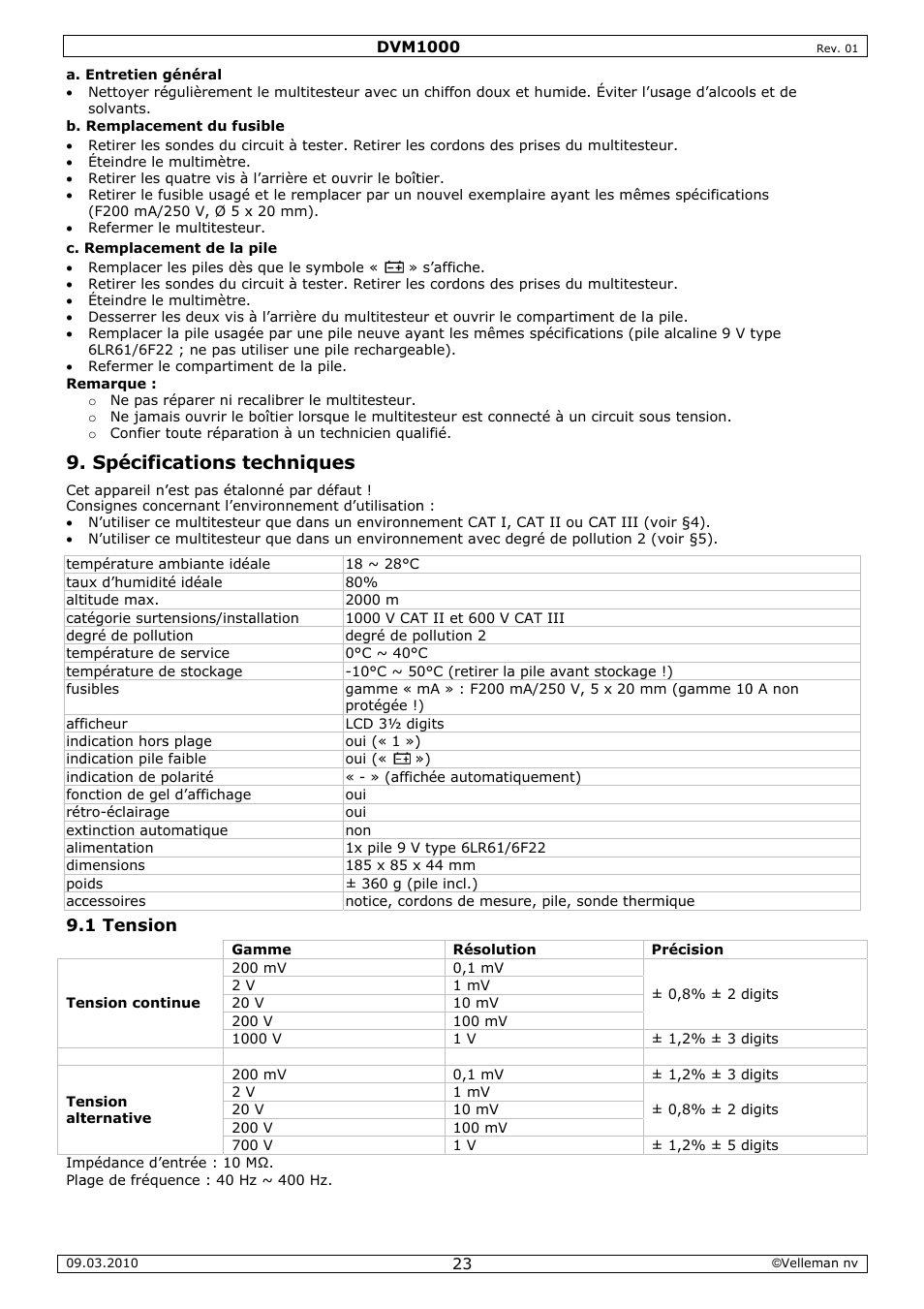 Spécific, Cations t, Echnique | Velleman DVM1000 User Manual | Page 23 / 41