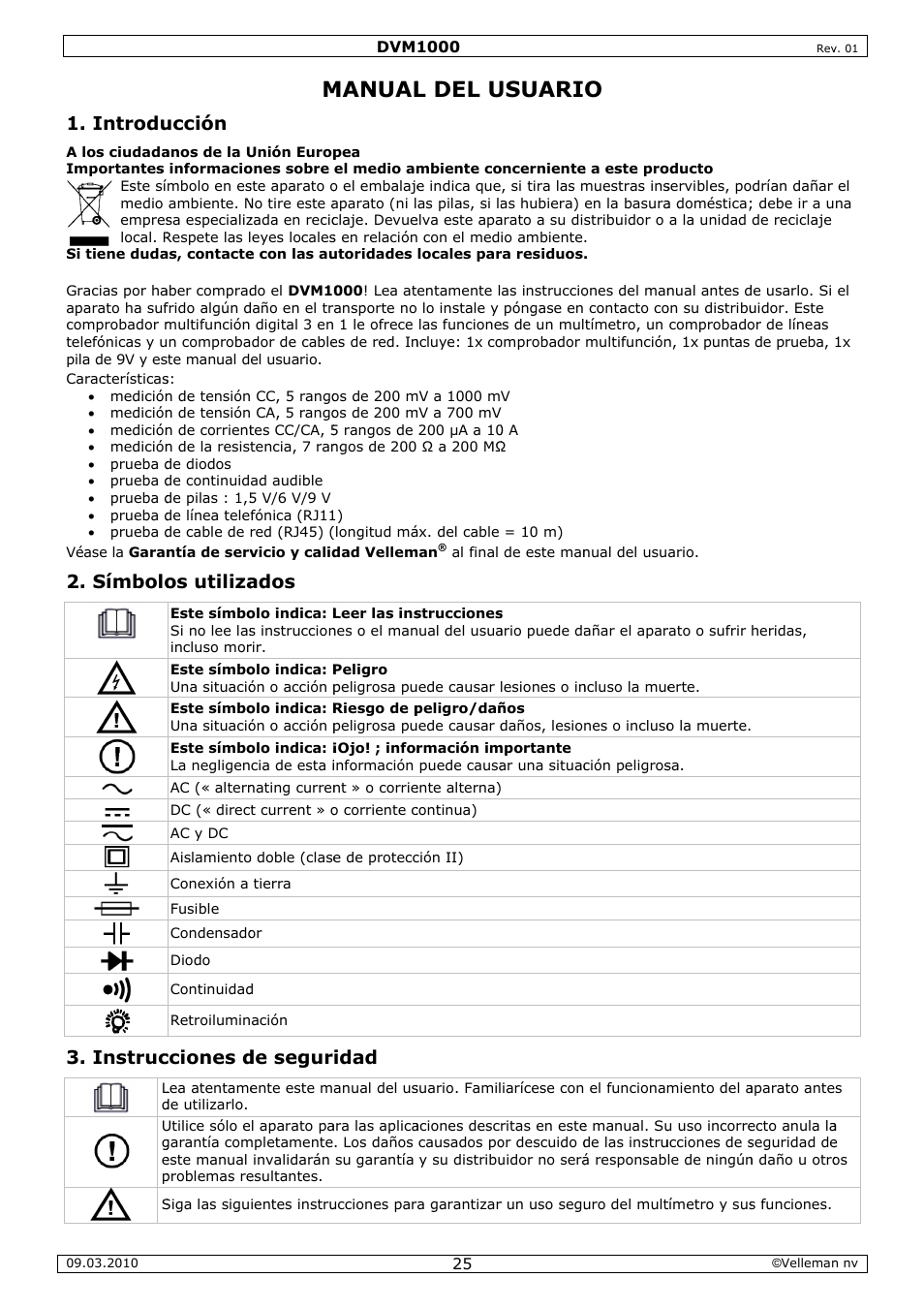 Manual, L del u, Usuari | Introdu, Símbolo, Instruc, Ucción, Os utiliza, Cciones d, Ados | Velleman DVM1000 User Manual | Page 25 / 41