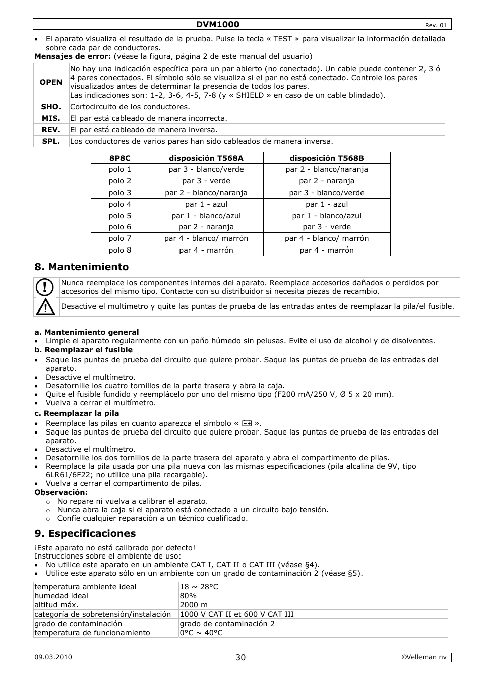 Manten, Especif, Nimiento | Icacione | Velleman DVM1000 User Manual | Page 30 / 41