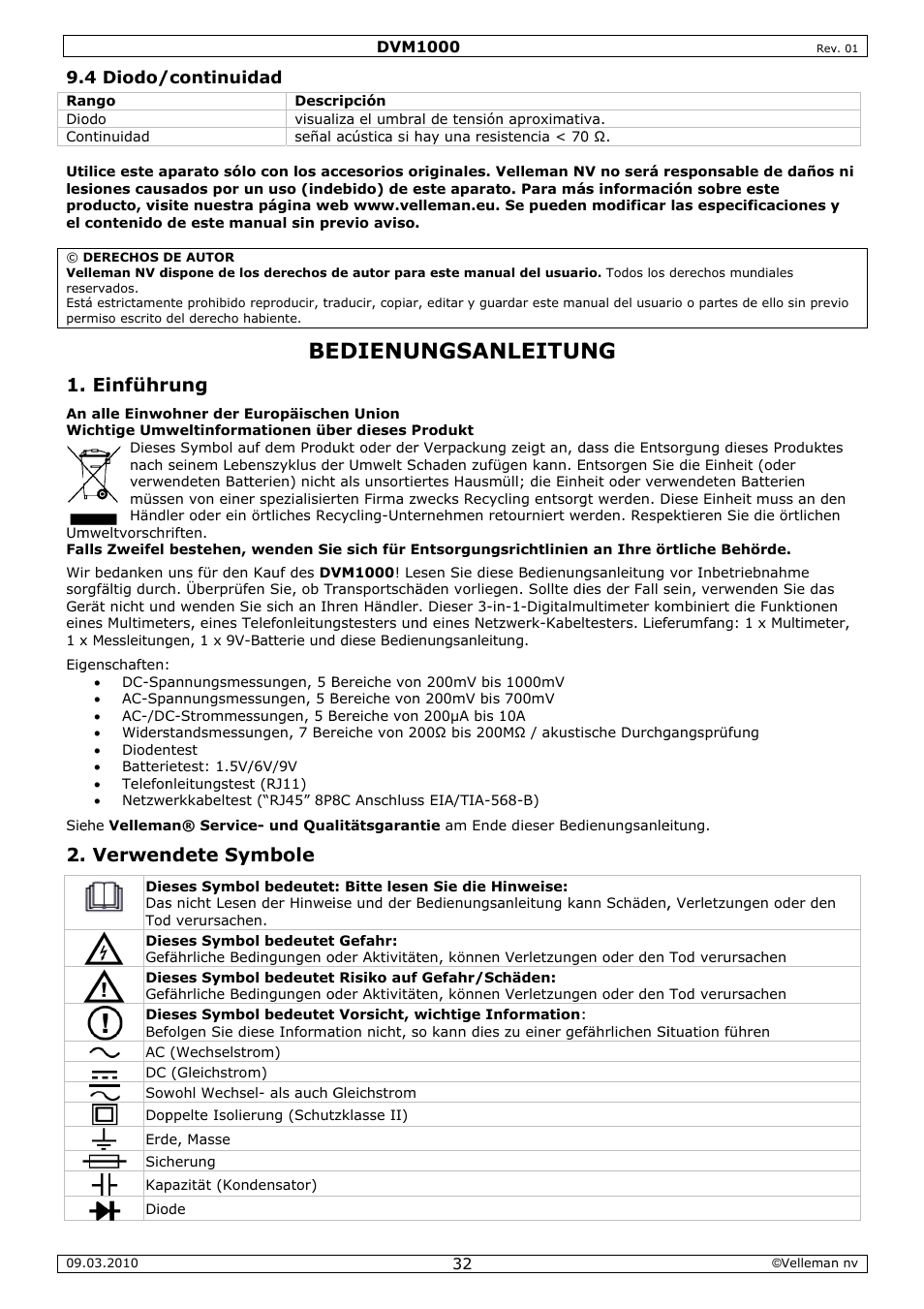 Edienu, Ungsan, Nleitun | Einführ, Verwen, Rung, Ndete sy, Mbole | Velleman DVM1000 User Manual | Page 32 / 41