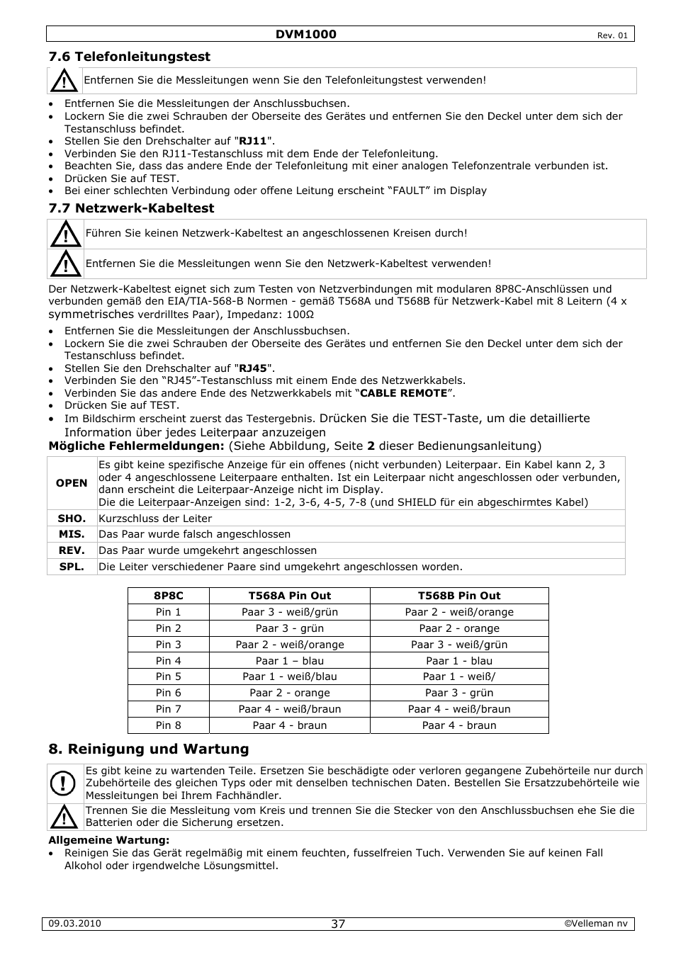 Reinigu, Ung und, Wartung | Velleman DVM1000 User Manual | Page 37 / 41