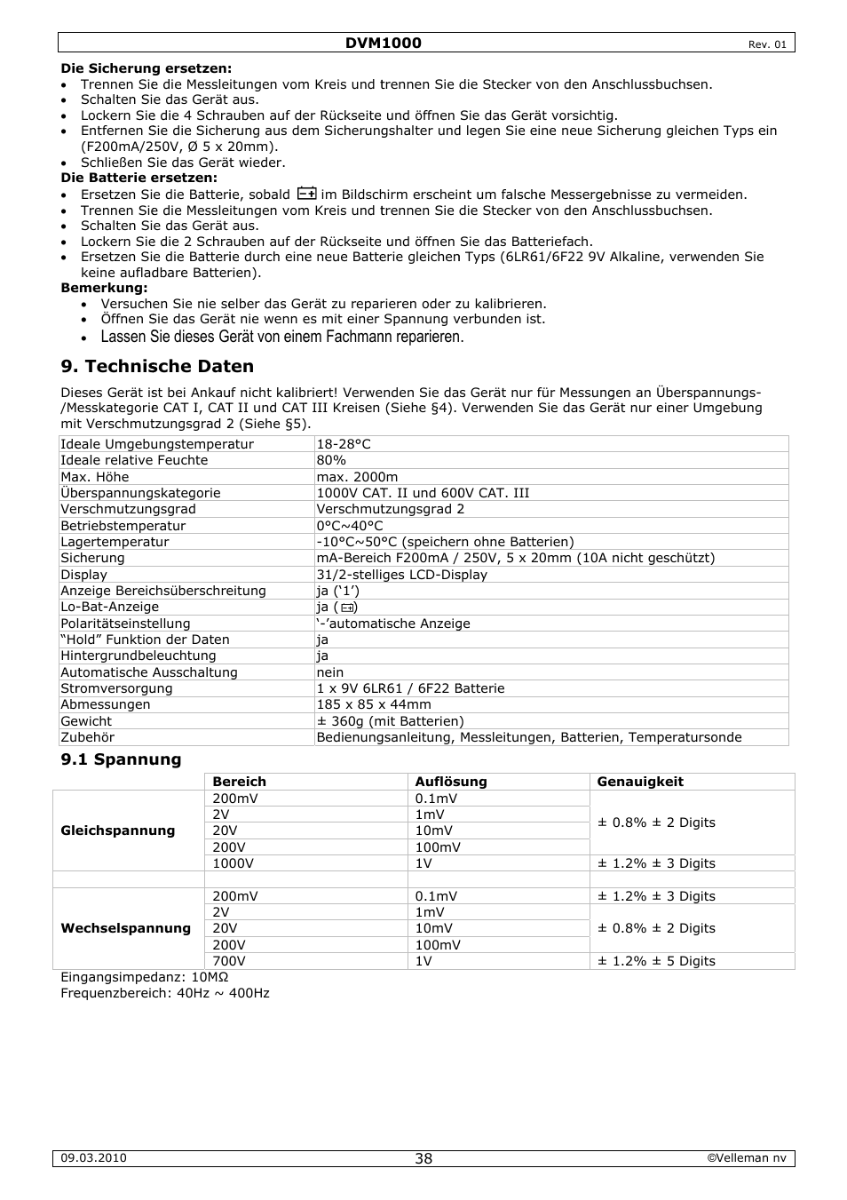 Lassen s . technis, Sie dieses g sche dat, Erät von eine ten | Em fachman, Nn reparieren | Velleman DVM1000 User Manual | Page 38 / 41