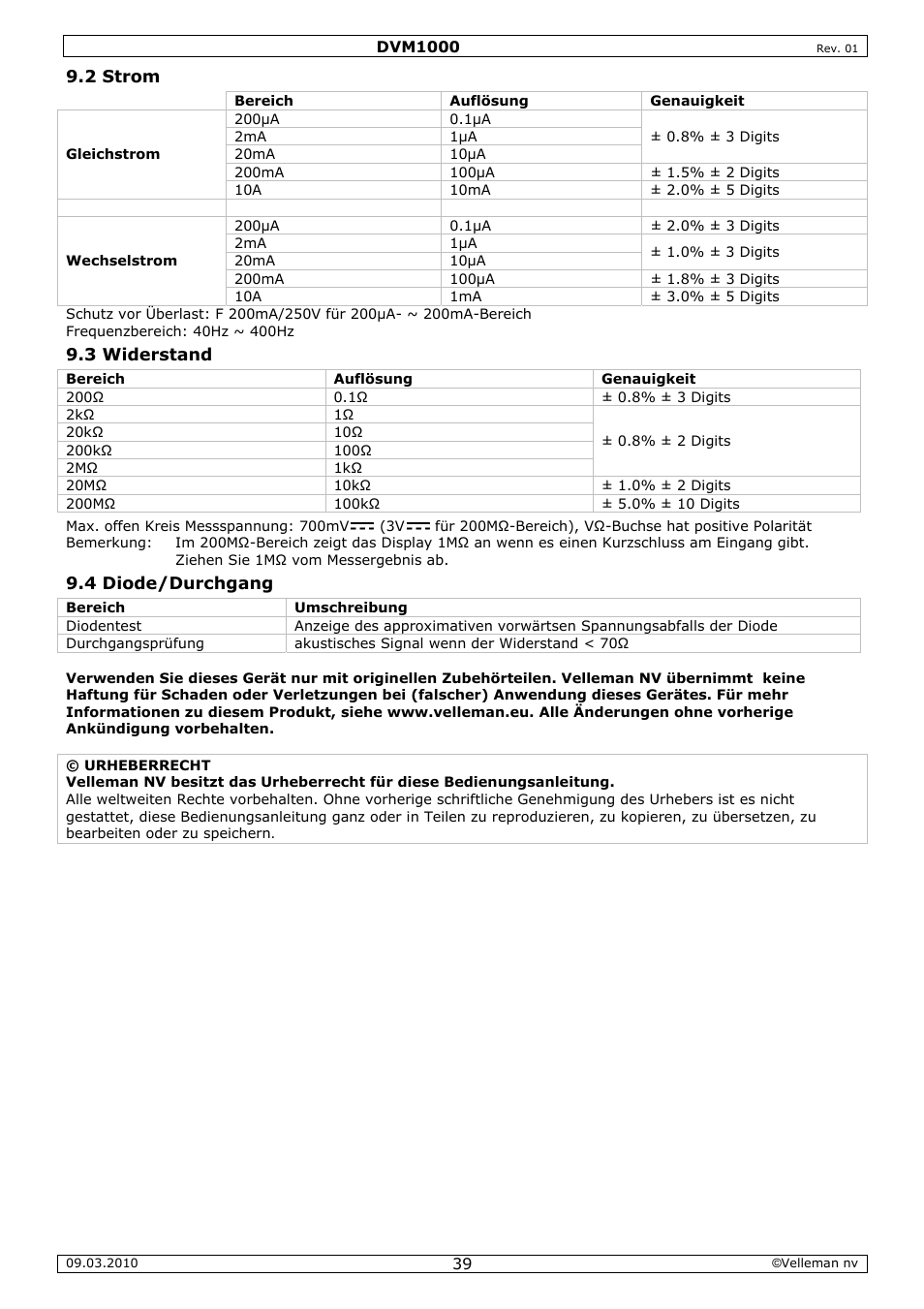 Velleman DVM1000 User Manual | Page 39 / 41