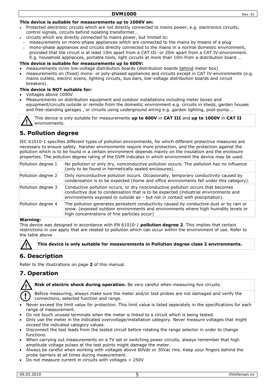 Pollutio, Descrip, Operati | On degre, Ption | Velleman DVM1000 User Manual | Page 5 / 41