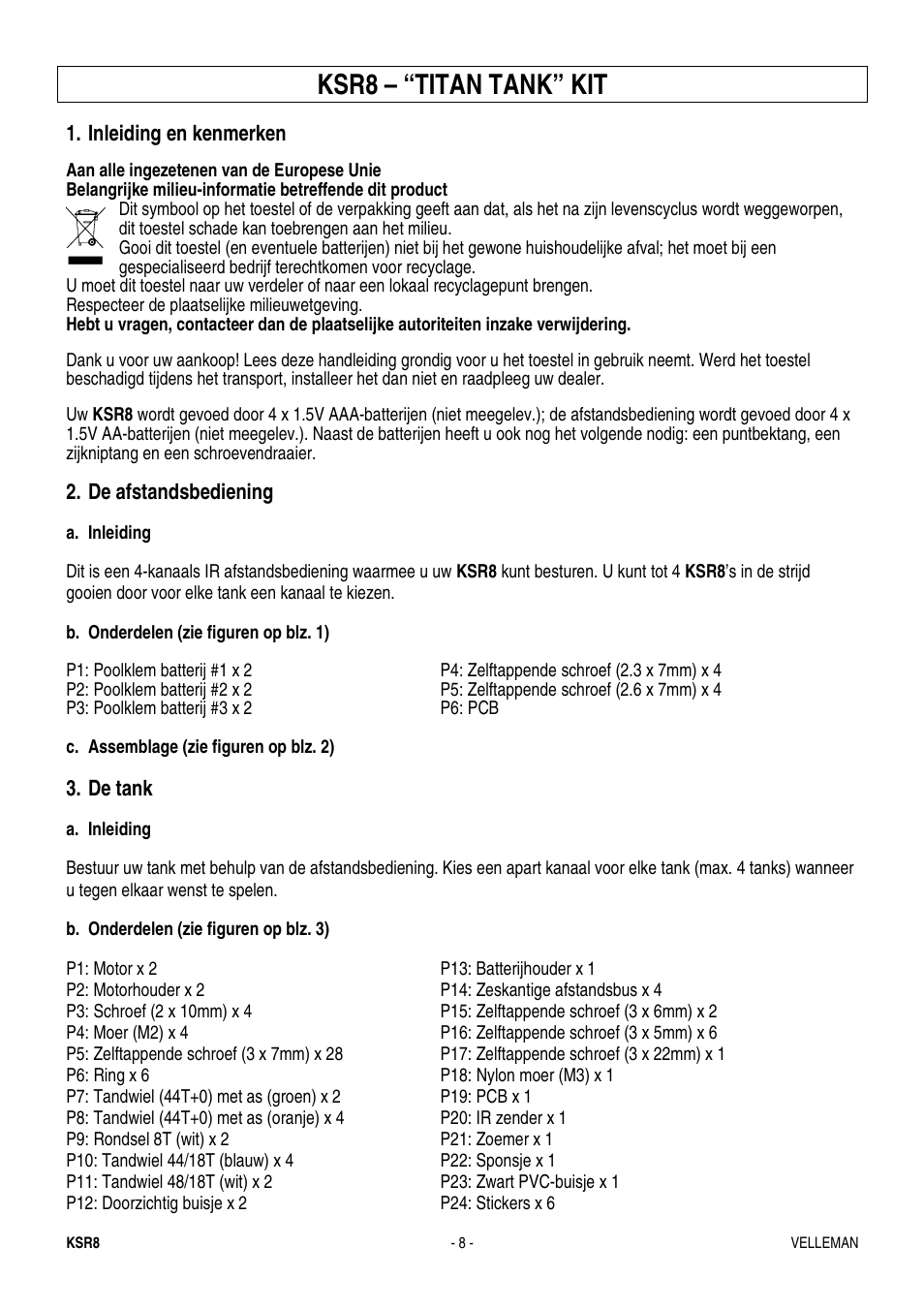 Ksr8 – “titan tank” kit, Inleiding en kenmerken, De afstandsbediening | De tank | Velleman KSR8 User Manual | Page 8 / 16