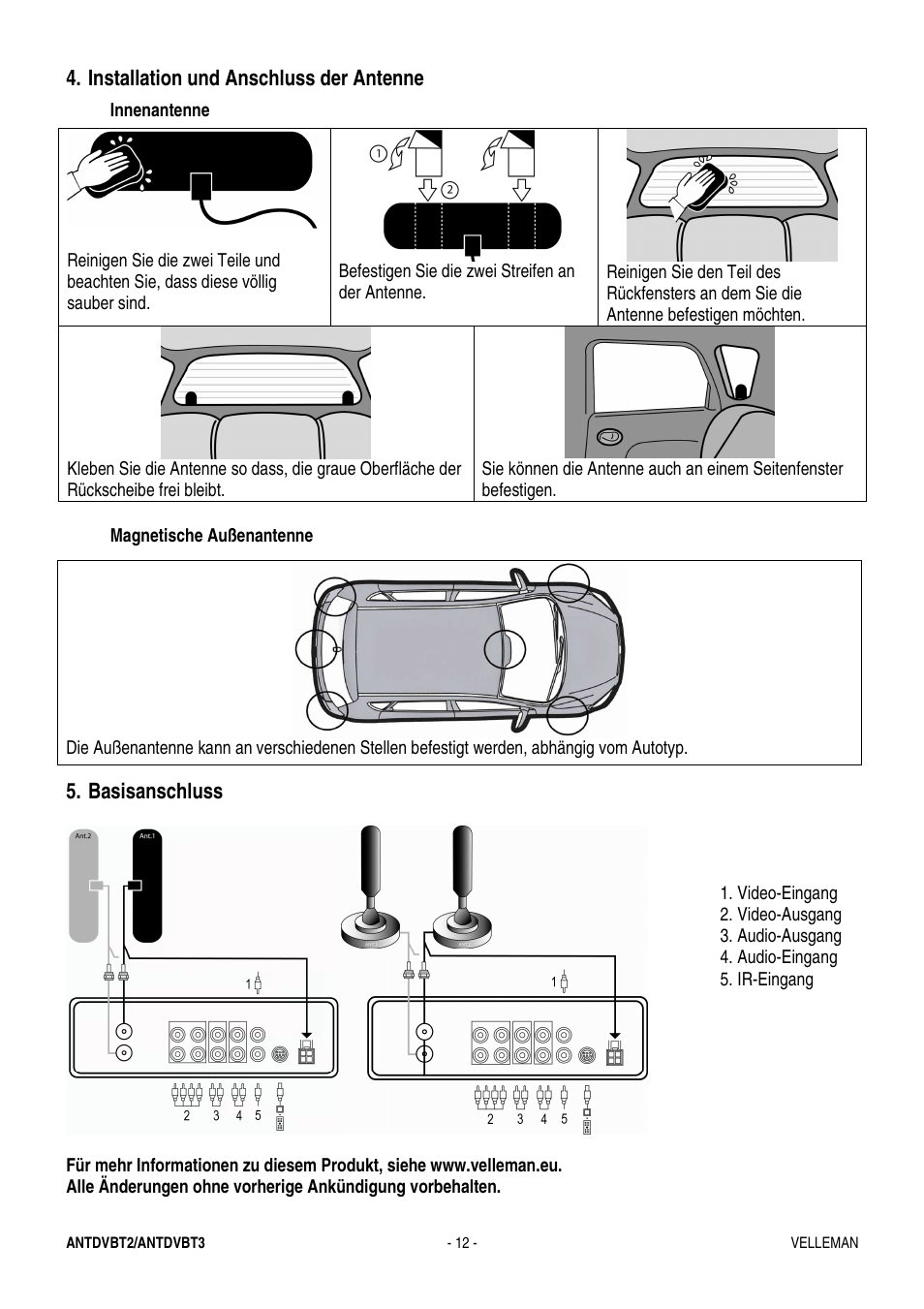 Installation und anschluss der antenne, Basisanschluss | Velleman ANTDVBT2 User Manual | Page 12 / 12