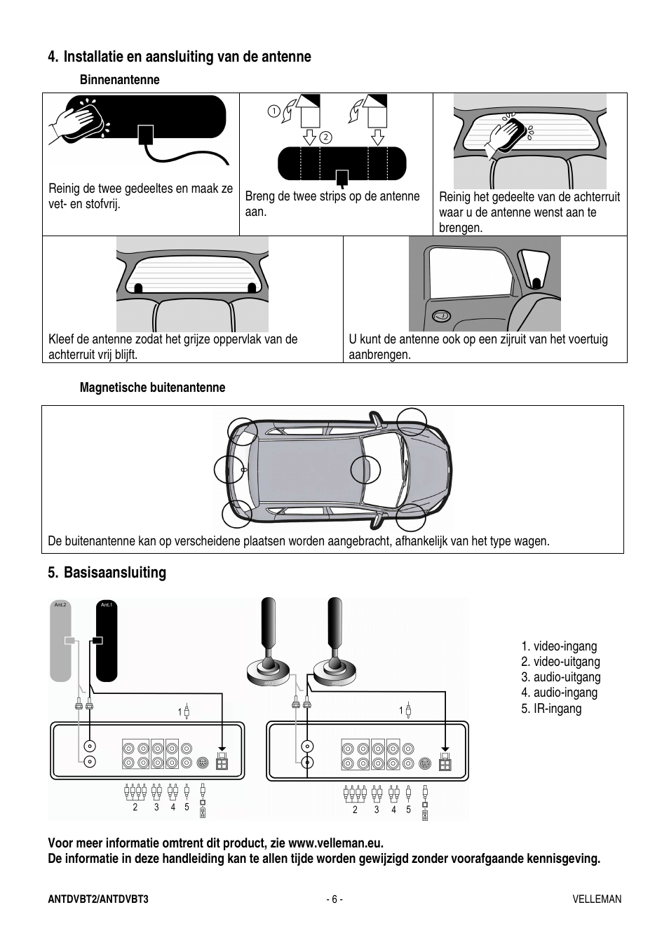 Installatie en aansluiting van de antenne, Basisaansluiting | Velleman ANTDVBT2 User Manual | Page 6 / 12