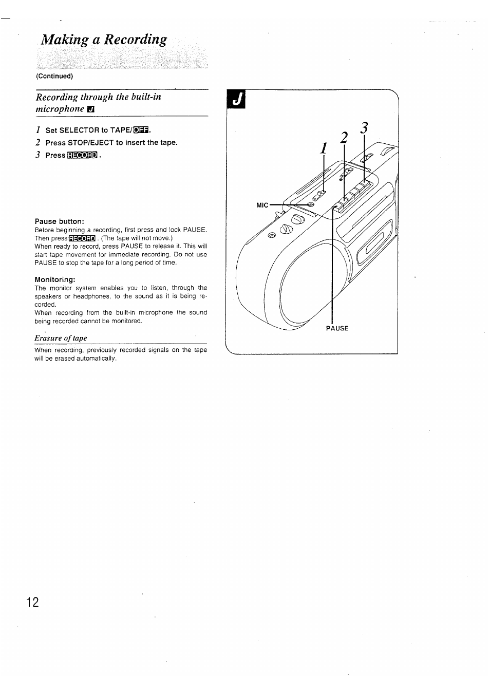 Making a recording, Continued), Recording through the built-in microphone h | 1 set selector to tape/gaa, 2 press stop/eject to insert the tape, Pause button, Monitoring, Recording through the built-in microphone | Panasonic RX-FS430 EP9K User Manual | Page 11 / 17