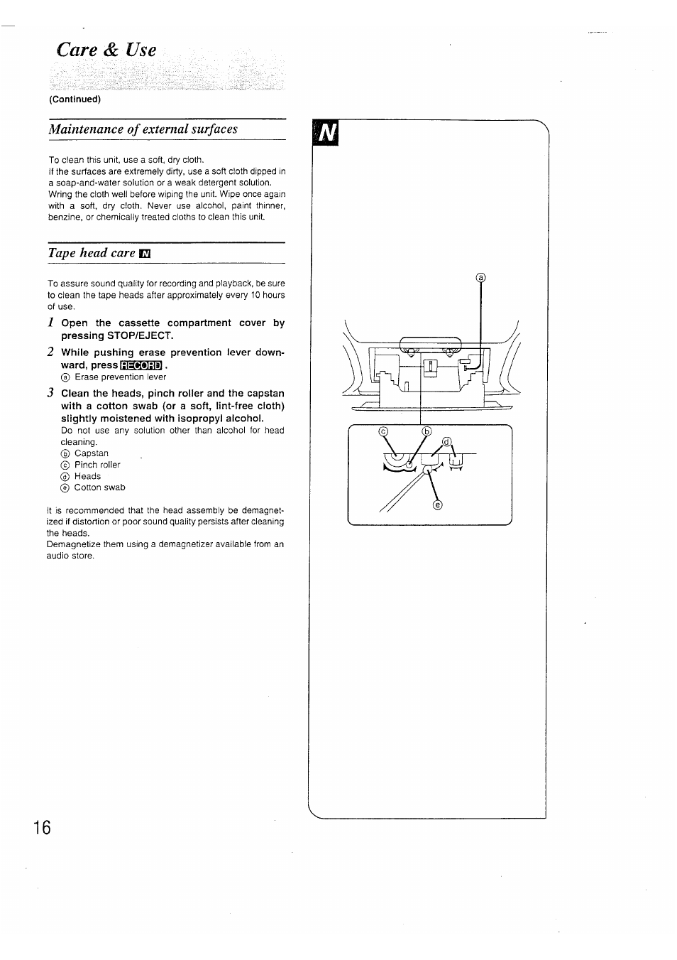 Care & use, Continued), Maintenance of external surfaces | Tape head care m | Panasonic RX-FS430 EP9K User Manual | Page 15 / 17