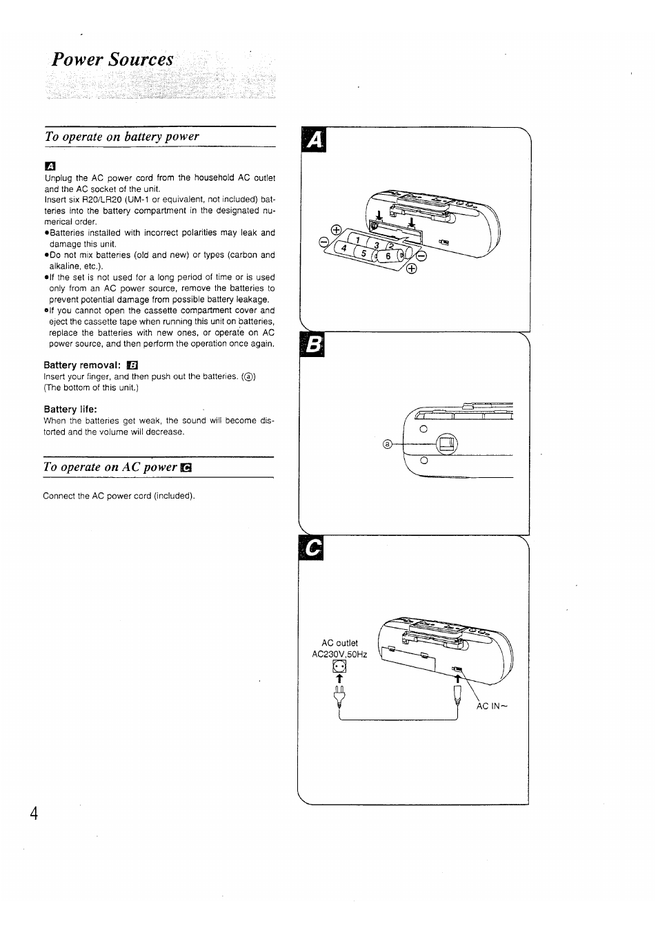 Power sources, To operate on battery power, Battery removal: sb | Battery life, To operate on ac power ¡3 | Panasonic RX-FS430 EP9K User Manual | Page 3 / 17