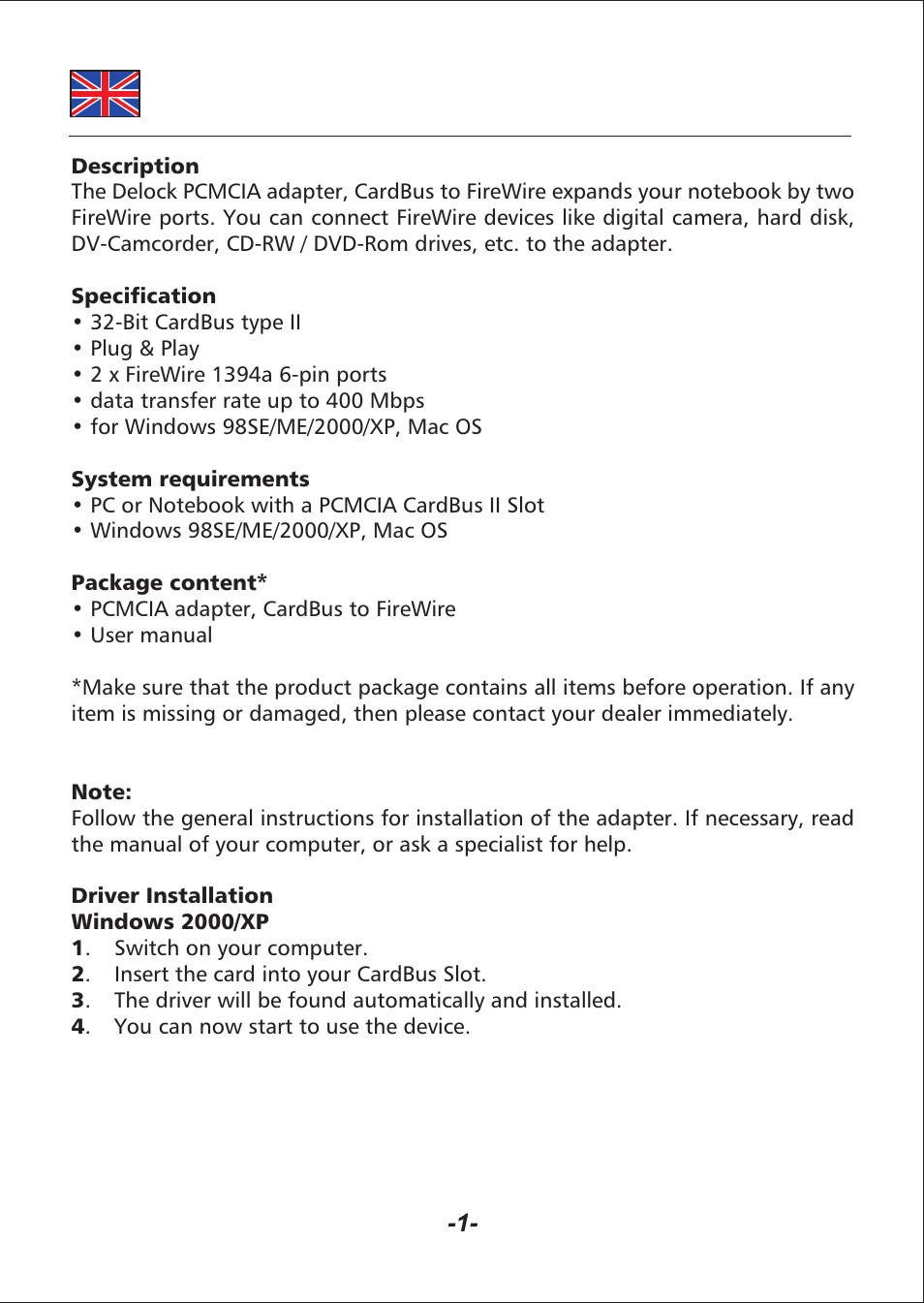 Pcmcia adapter, cardbus to 2 x firewire, W w w. d e loc k .co m | DeLOCK 61114 User Manual | Page 2 / 3
