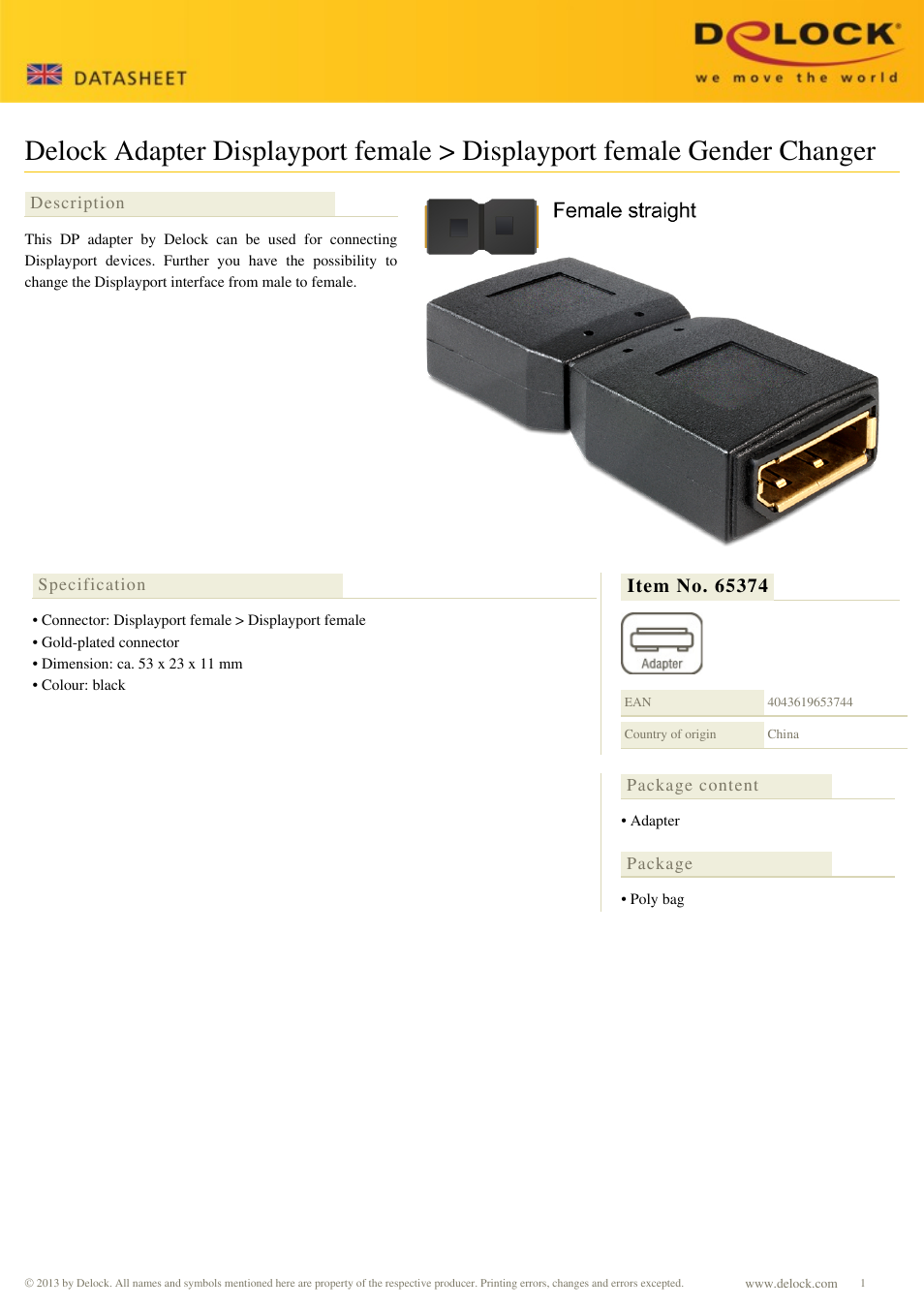 DeLOCK 65374 User Manual | 1 page