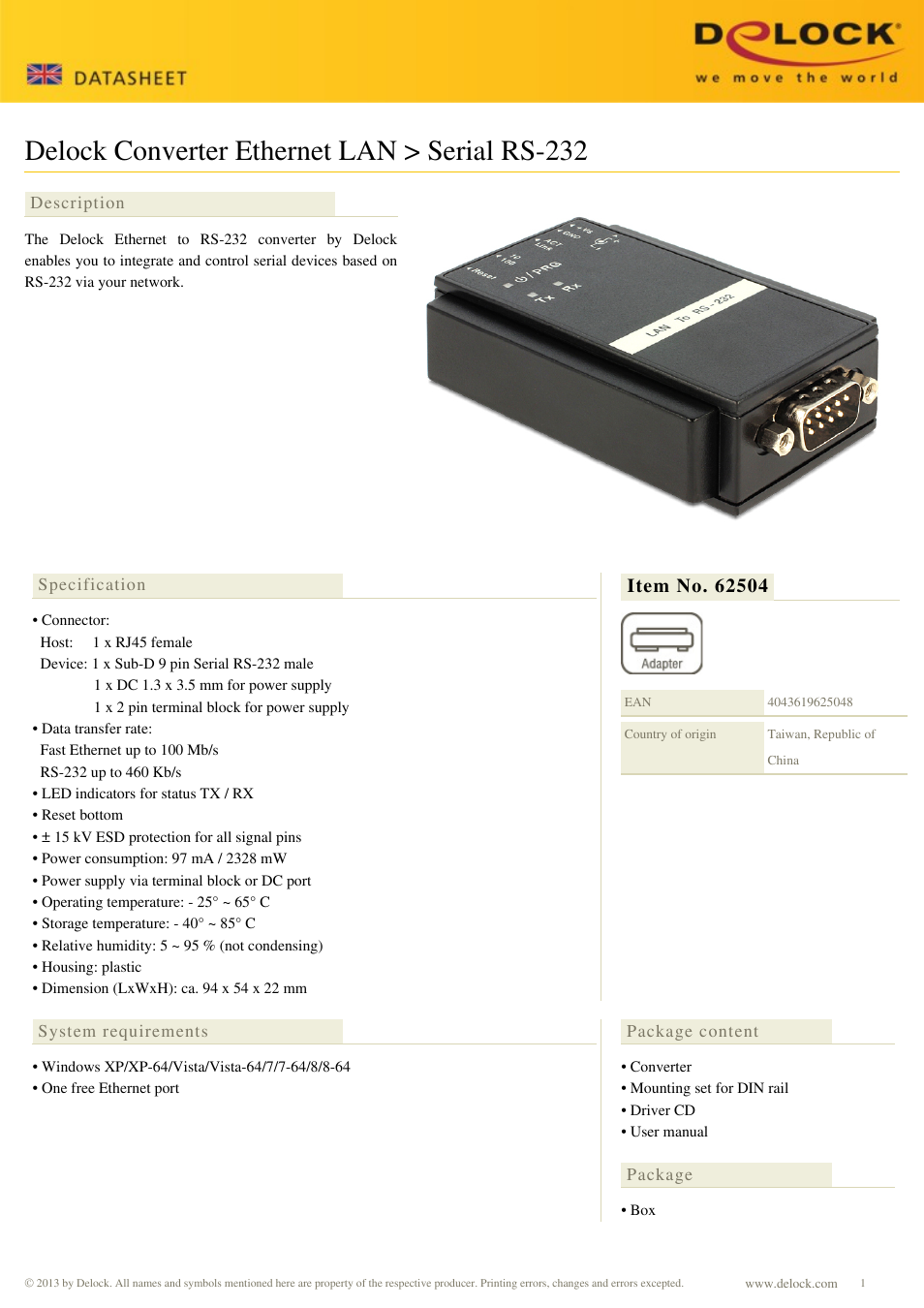 DeLOCK 62504 User Manual | 2 pages