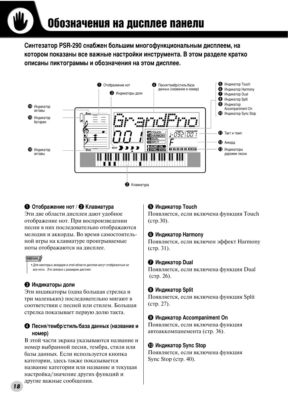 Обозначения на дисплее панели, Й·убм‡˜âìëﬂ м‡ ‰лтфовв ф‡мвол, Grandpno | Yamaha PSR-290 User Manual | Page 18 / 98