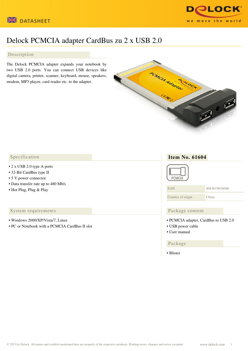 DeLOCK 61604 User Manual | 1 page