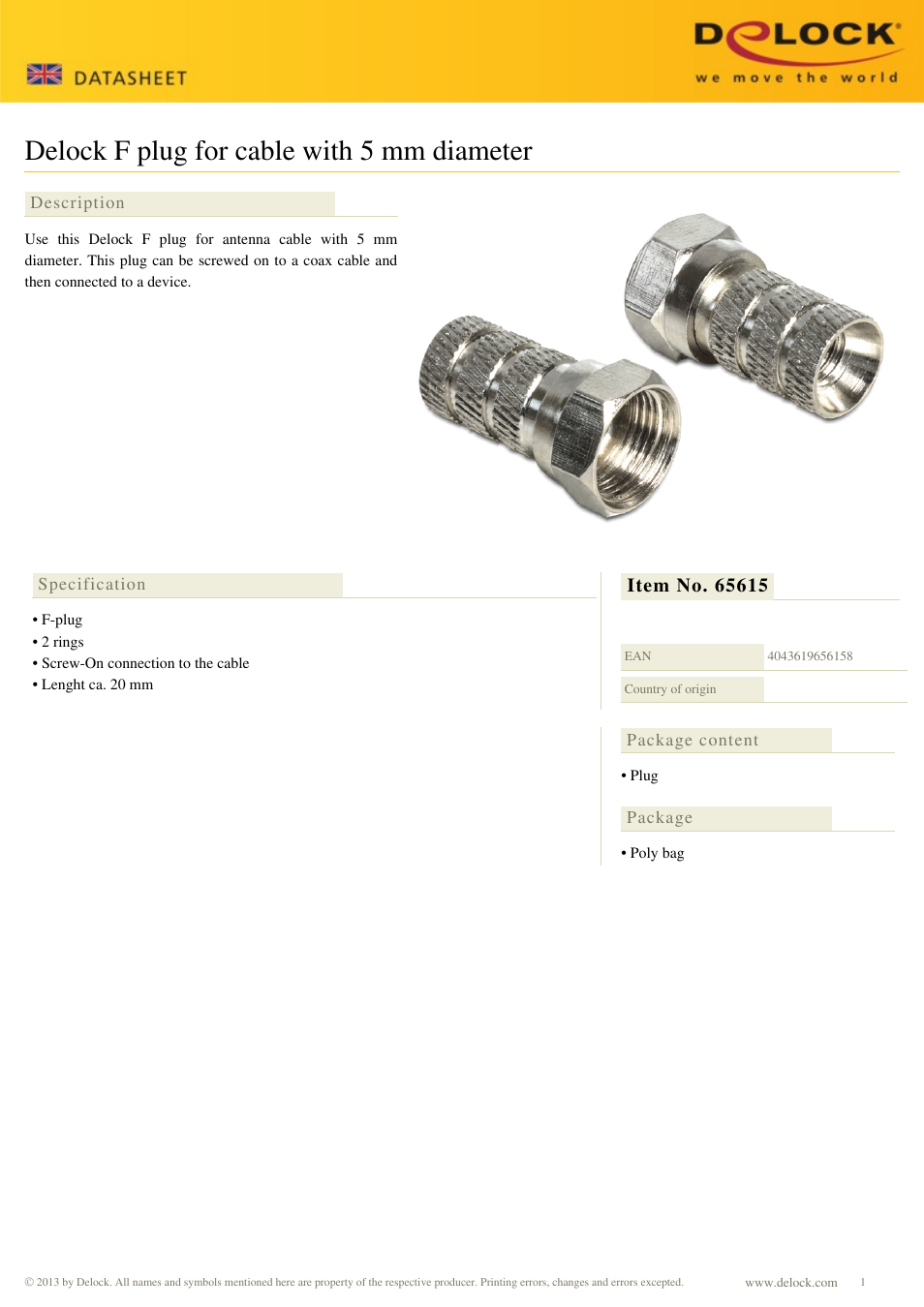 DeLOCK 65615 User Manual | 1 page