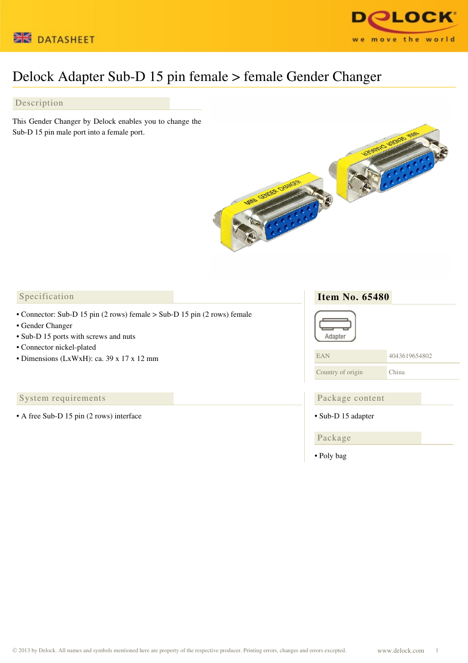 DeLOCK 65480 User Manual | 1 page