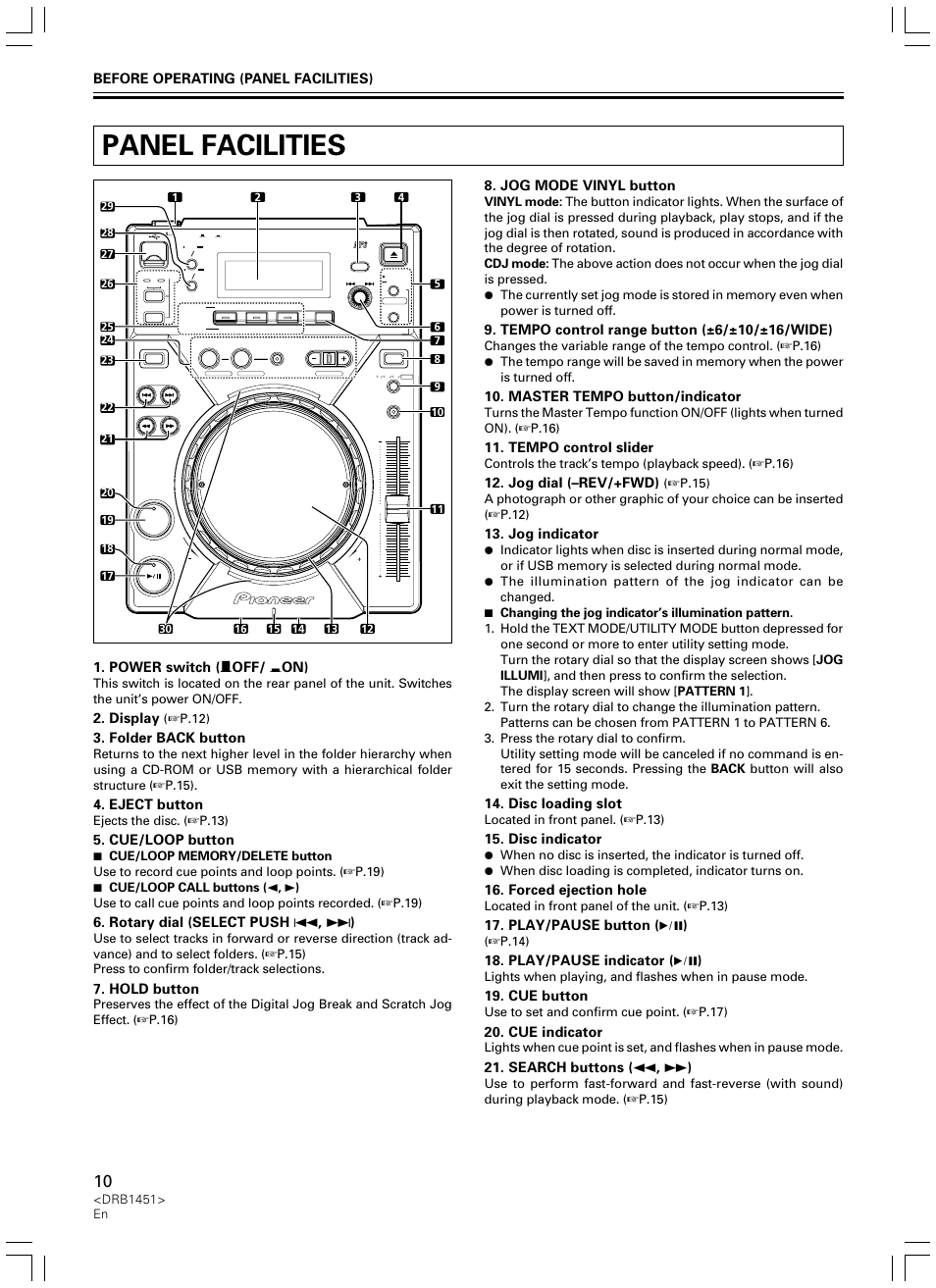 Panel facilities, Before operating (panel facilities), Power switch ( — off/ _ on) | Display, Folder back button, Eject button, Cue/loop button, Rotary dial (select push 4 , ¢ ), Hold button, Jog mode vinyl button | Pioneer CDJ-400 User Manual | Page 10 / 162