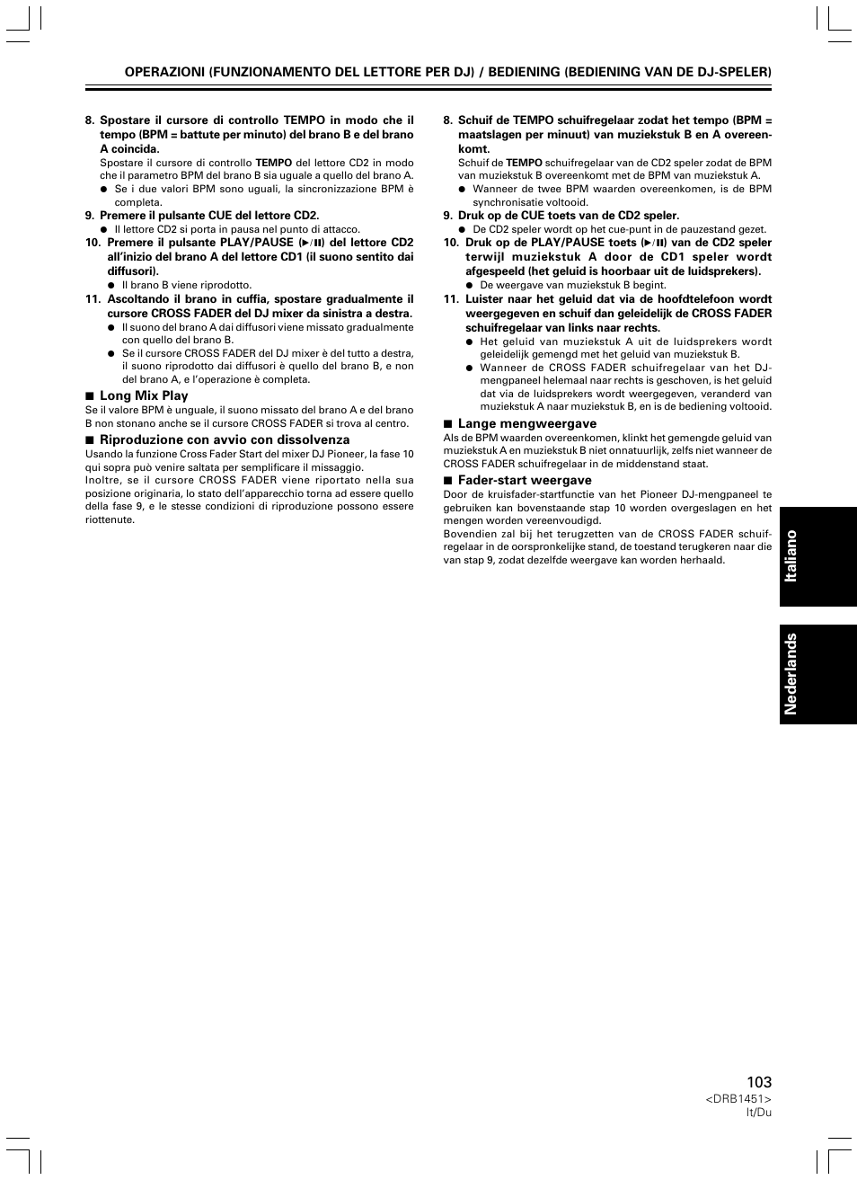 Italiano nederlands | Pioneer CDJ-400 User Manual | Page 103 / 162