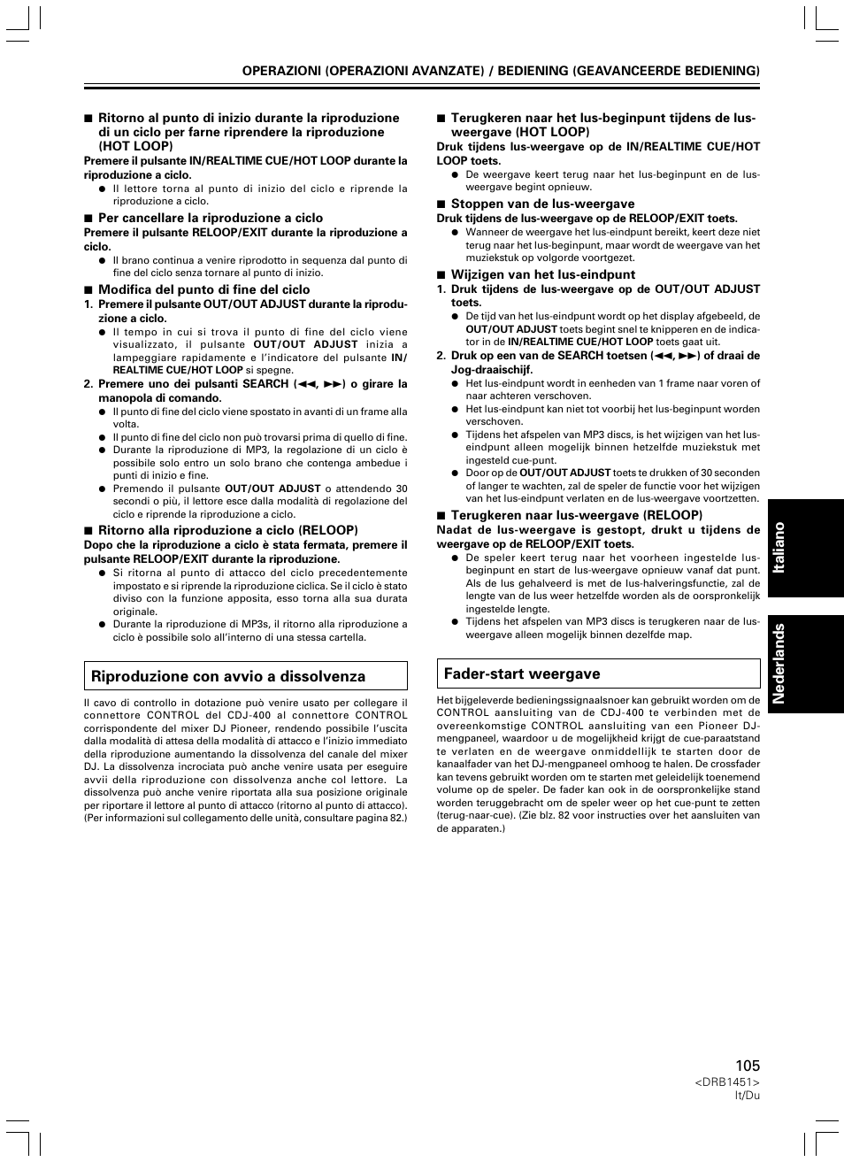 Riproduzione con avvio a dissolvenza, Fader-start weergave, Italiano nederlands | Pioneer CDJ-400 User Manual | Page 105 / 162
