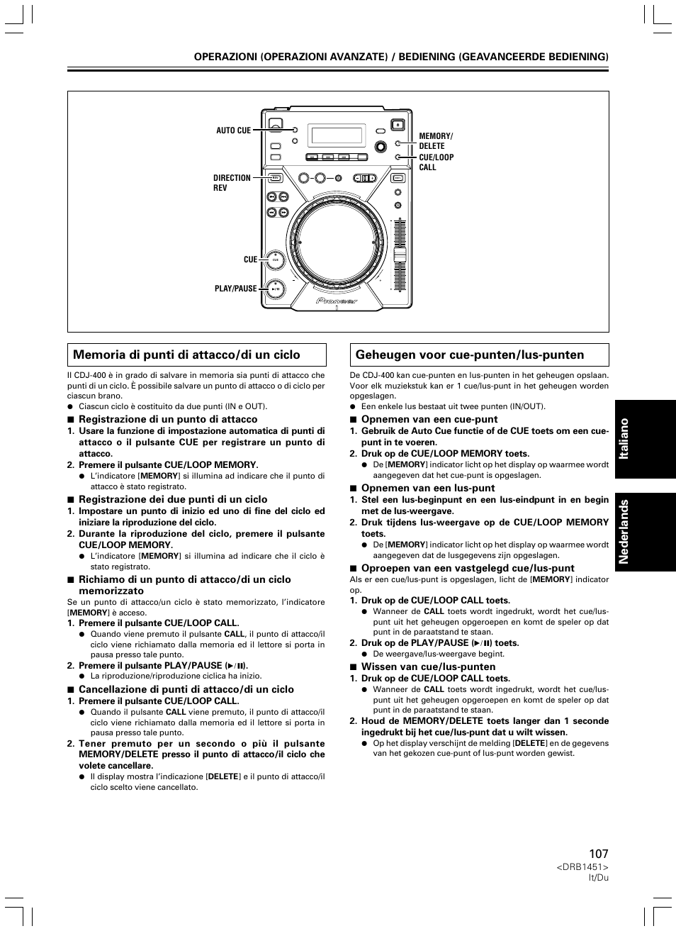 Memoria di punti di attacco/di un ciclo, Geheugen voor cue-punten/lus-punten, Italiano nederlands | Pioneer CDJ-400 User Manual | Page 107 / 162