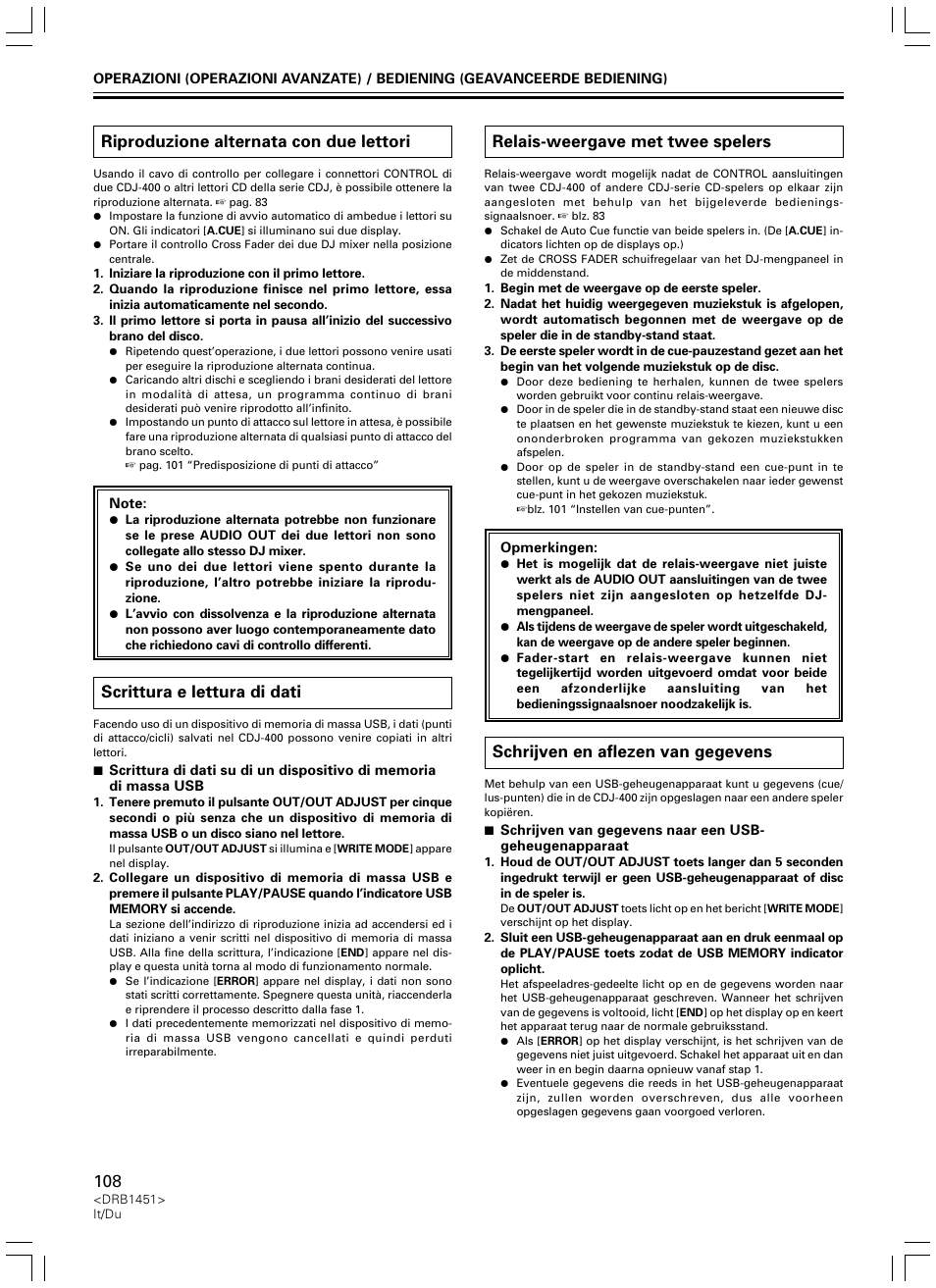 Riproduzione alternata con due lettori, Scrittura e lettura di dati, Relais-weergave met twee spelers | Schrijven en aflezen van gegevens | Pioneer CDJ-400 User Manual | Page 108 / 162