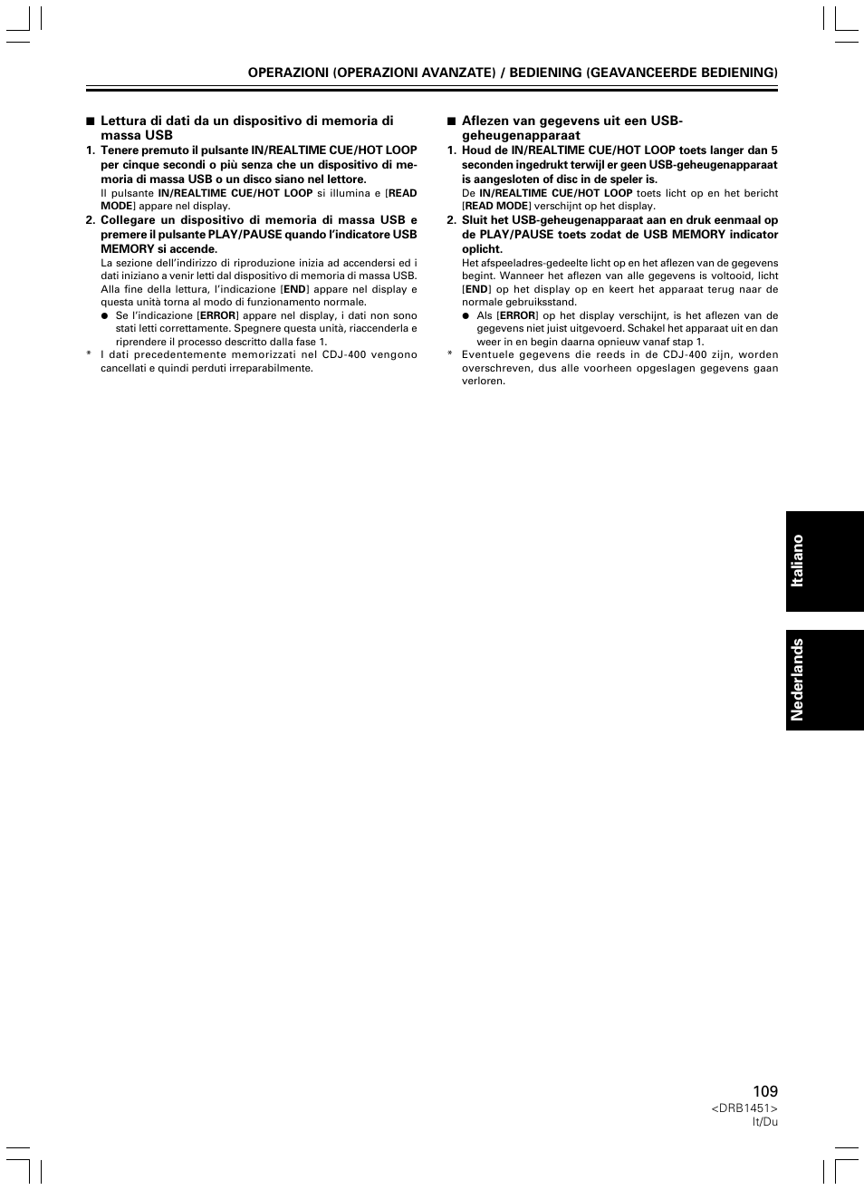 Italiano nederlands | Pioneer CDJ-400 User Manual | Page 109 / 162