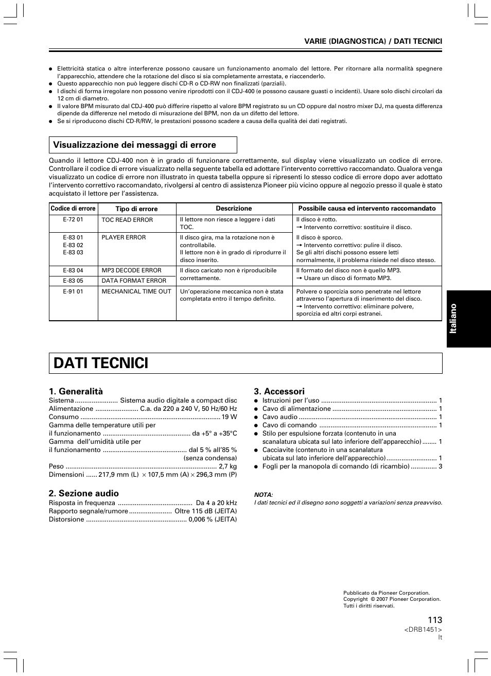 Visualizzazione dei messaggi di errore, Dati tecnici, Italiano nederlands | Generalità, Sezione audio, Accessori | Pioneer CDJ-400 User Manual | Page 113 / 162