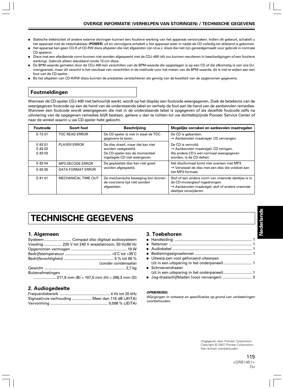 Foutmeldingen, Technische gegevens, Italiano nederlands foutmeldingen | Algemeen, Audiogedeelte, Toebehoren | Pioneer CDJ-400 User Manual | Page 115 / 162