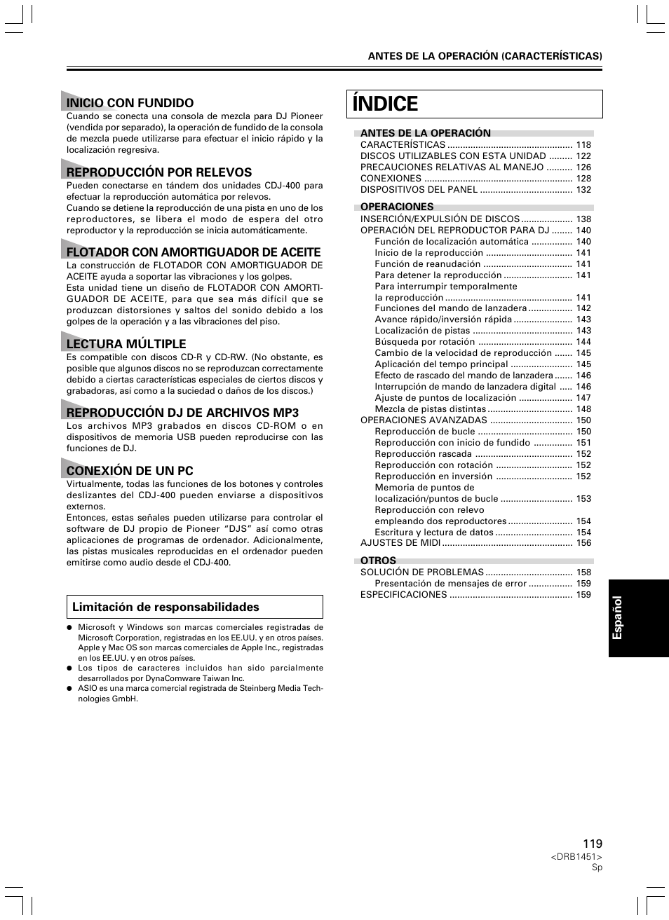 Manual de instrucciones, Índice | Pioneer CDJ-400 User Manual | Page 119 / 162