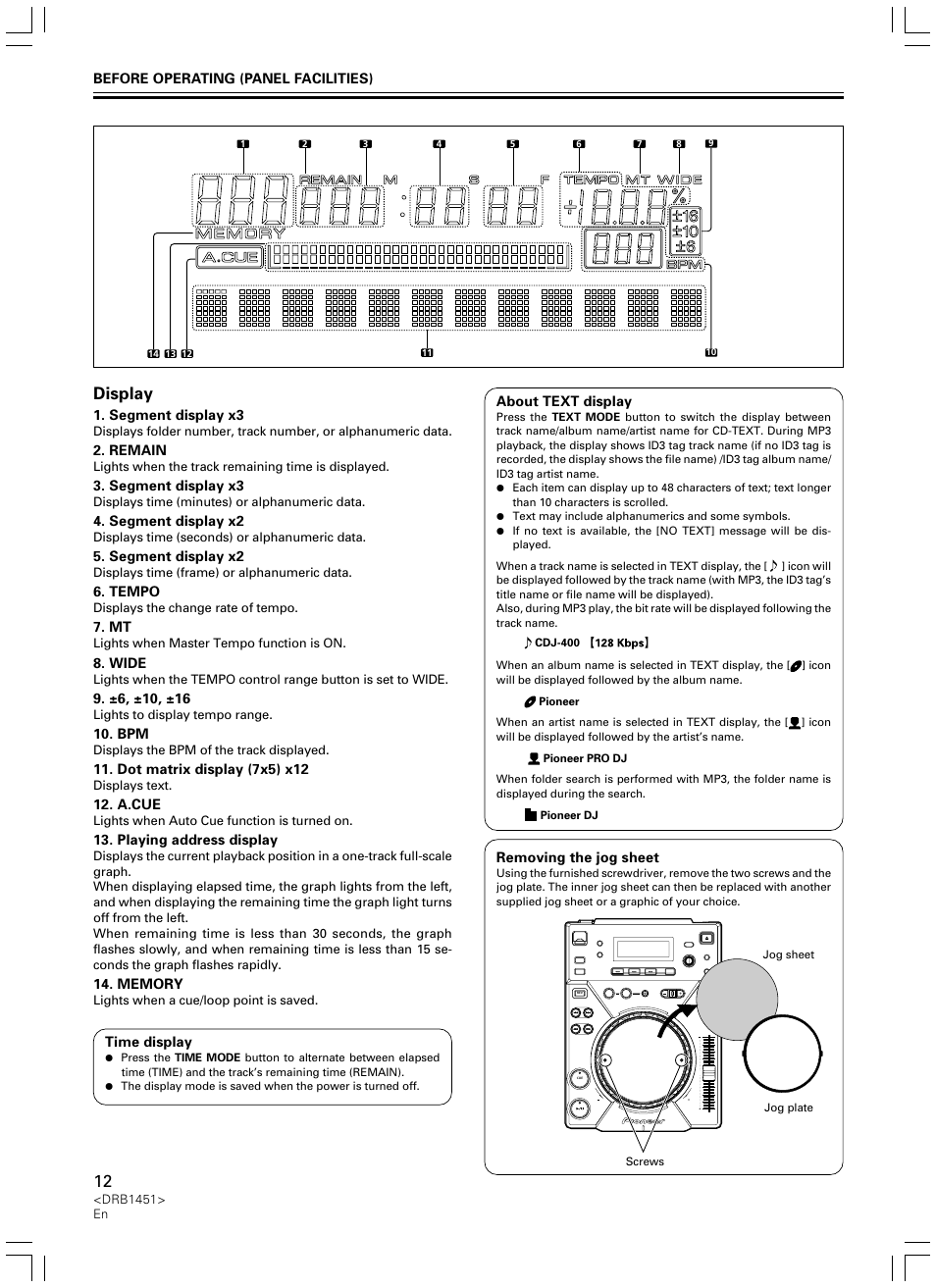 Display | Pioneer CDJ-400 User Manual | Page 12 / 162
