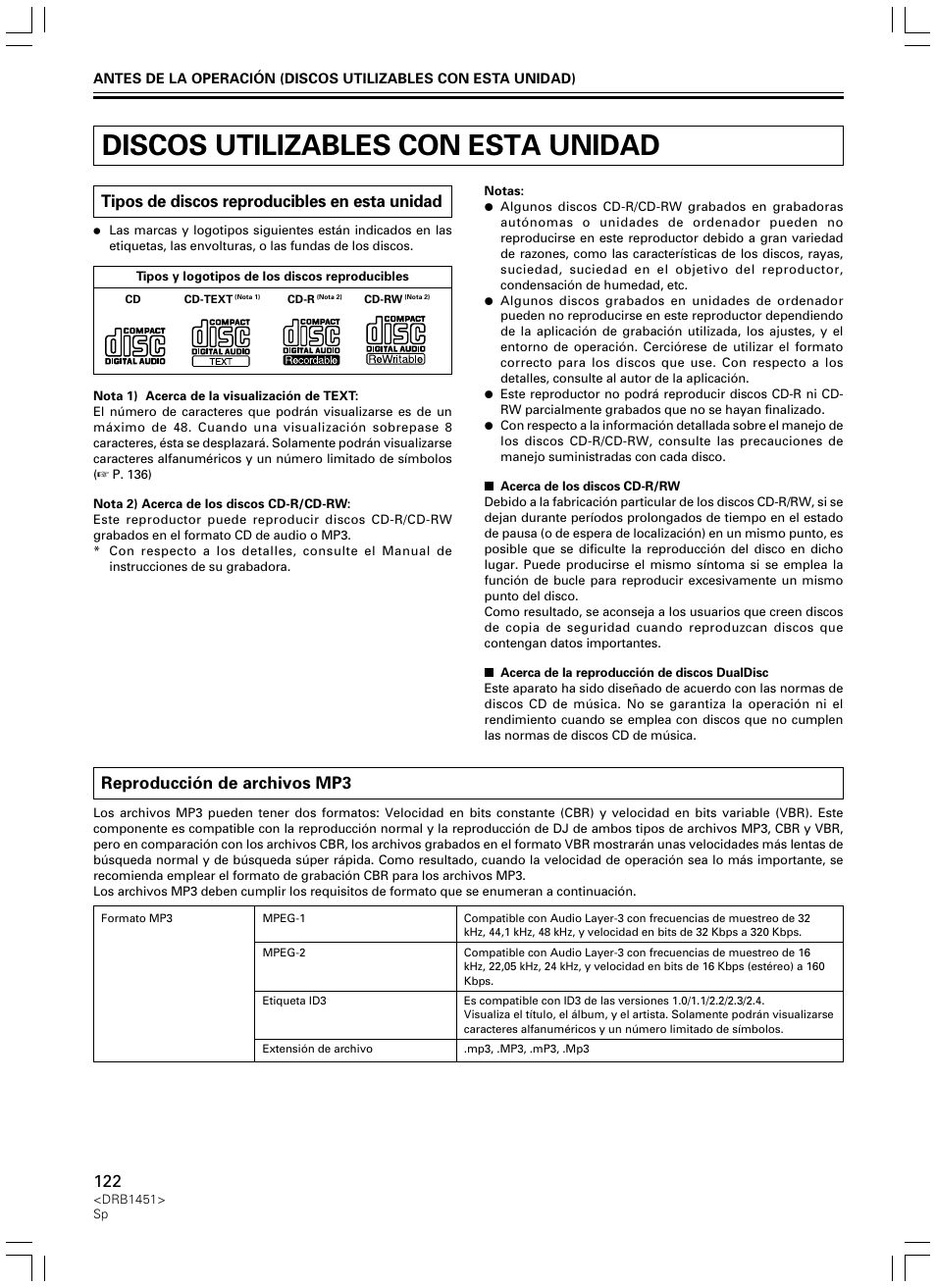 Discos utilizables con esta unidad, Tipos de discos reproducibles en esta unidad, Reproducción de archivos mp3 | Pioneer CDJ-400 User Manual | Page 122 / 162