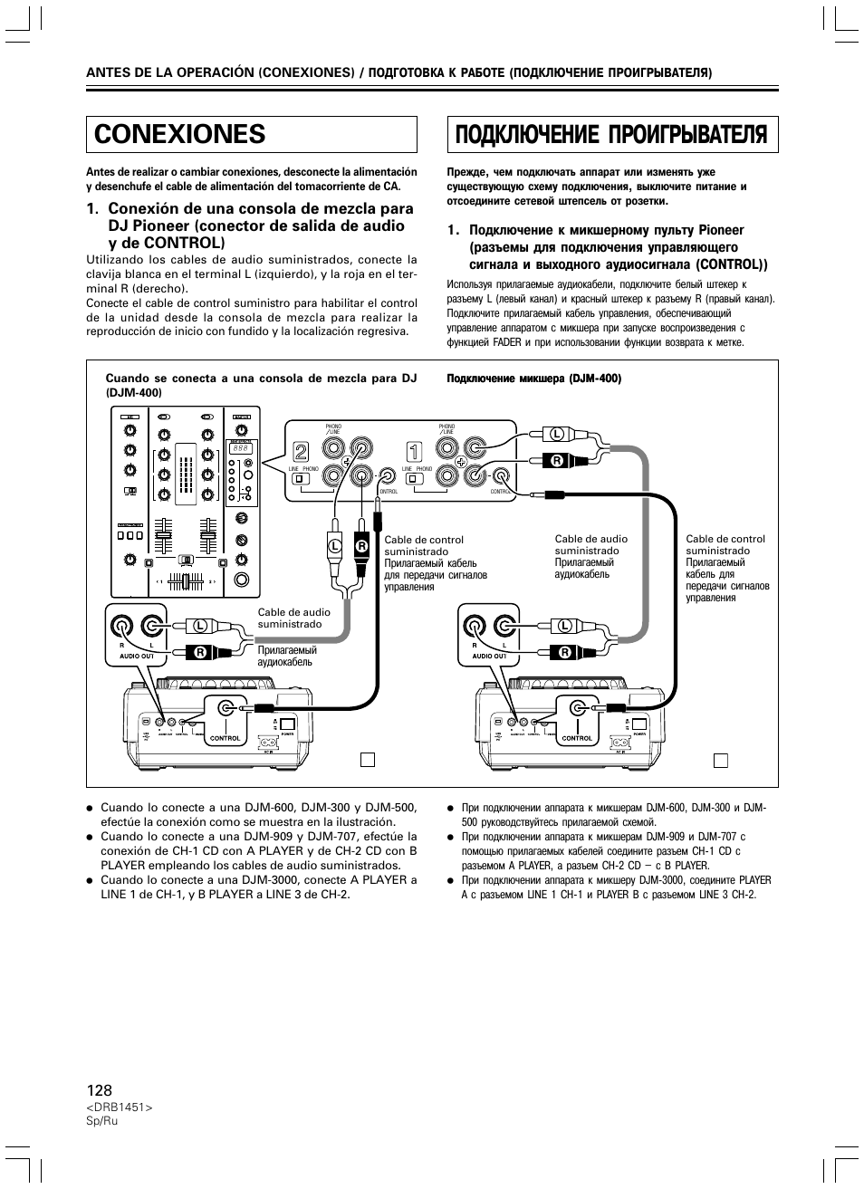 Conexiones, Подключение проигрывателя | Pioneer CDJ-400 User Manual | Page 128 / 162