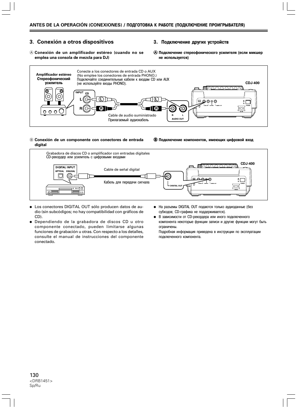 Conexión a otros dispositivos | Pioneer CDJ-400 User Manual | Page 130 / 162